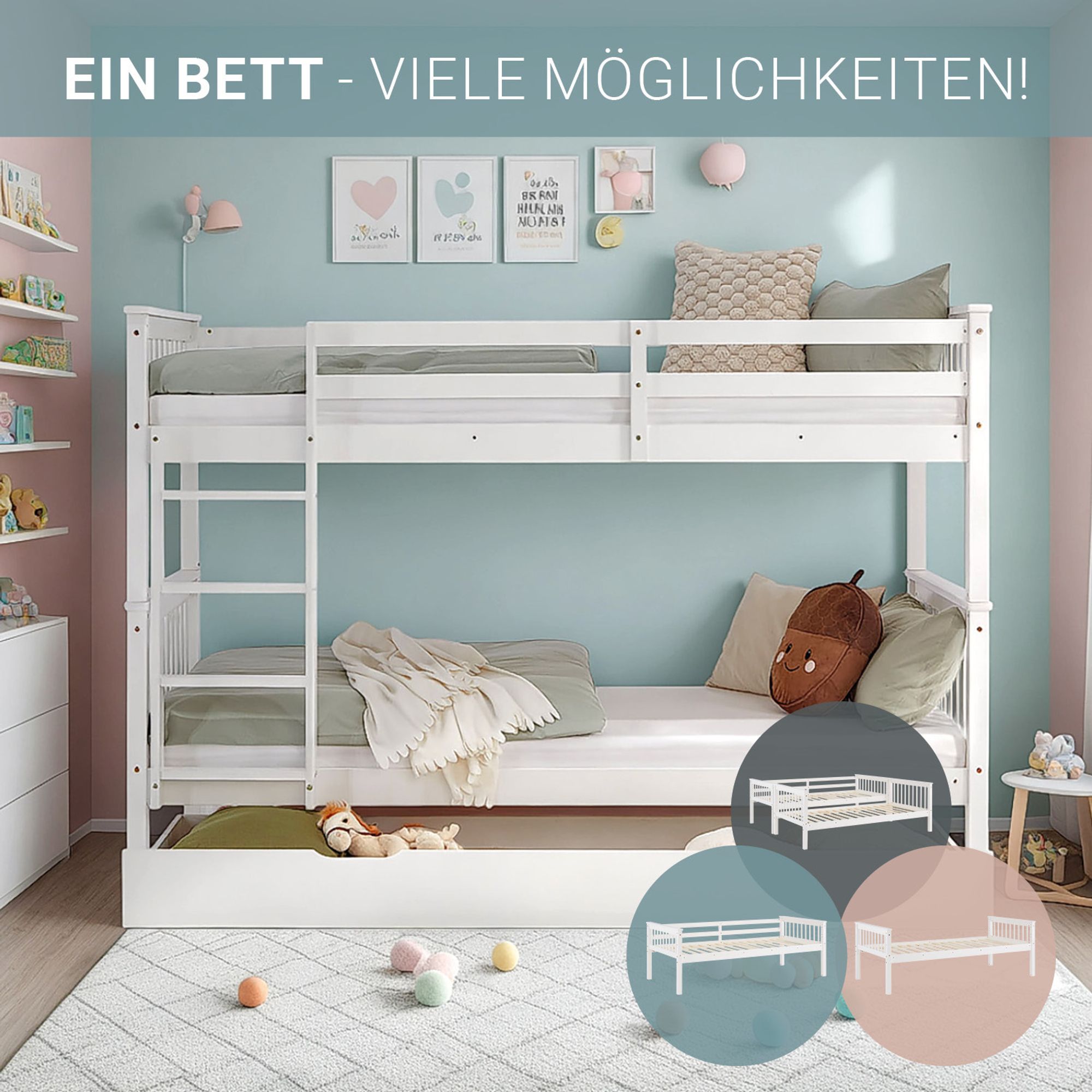 Das Bild zeigt ein Etagenbett mit 2 Liegeflächen, dass auch in 2 Einzelbetten umgebaut werden kann.