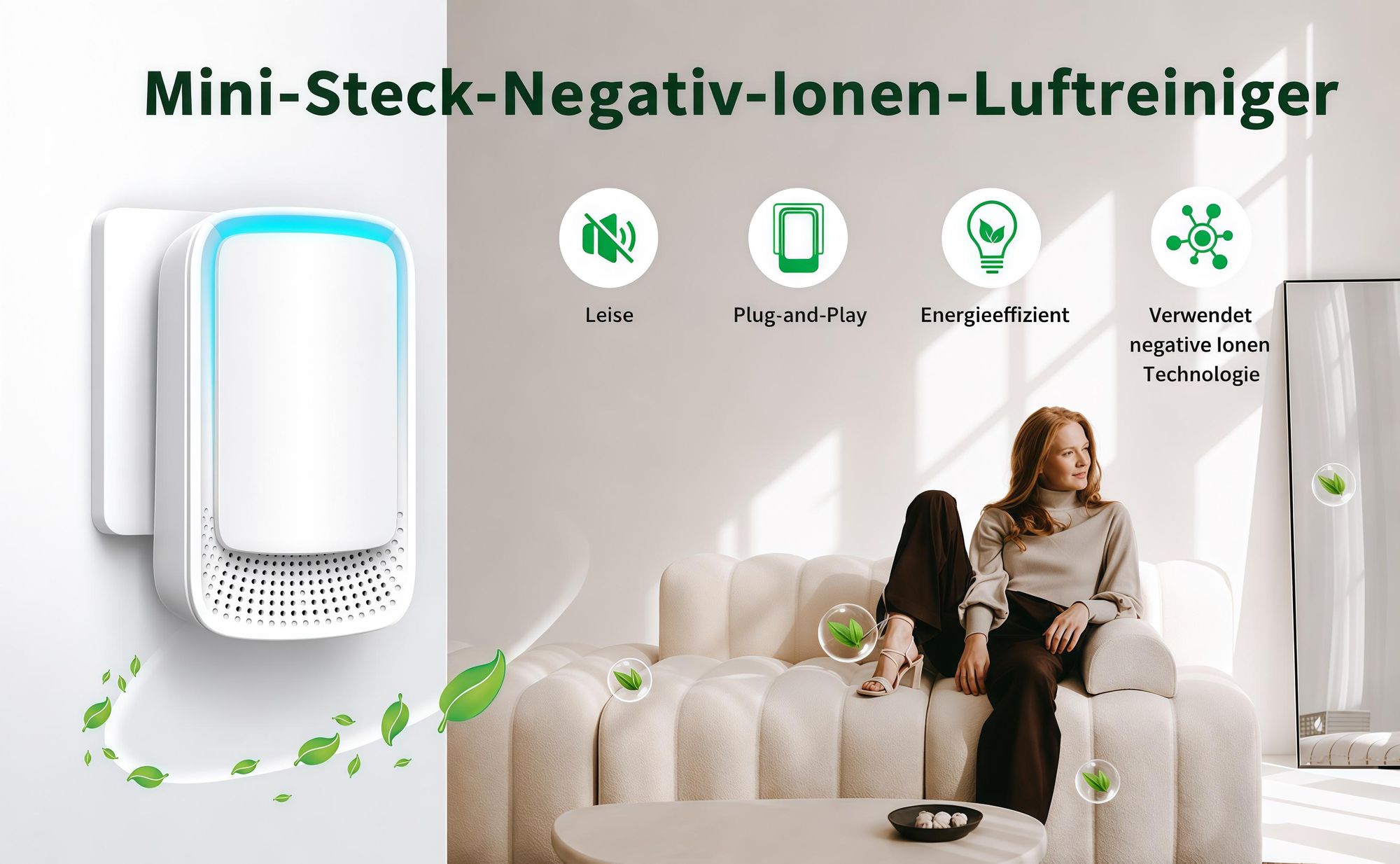 Luftreiniger Steckdose 4er Set - Mini Ionisator ohne Filterwechsel, Geruchsentferner gegen Tiergerüche, Rauch & Pollen
