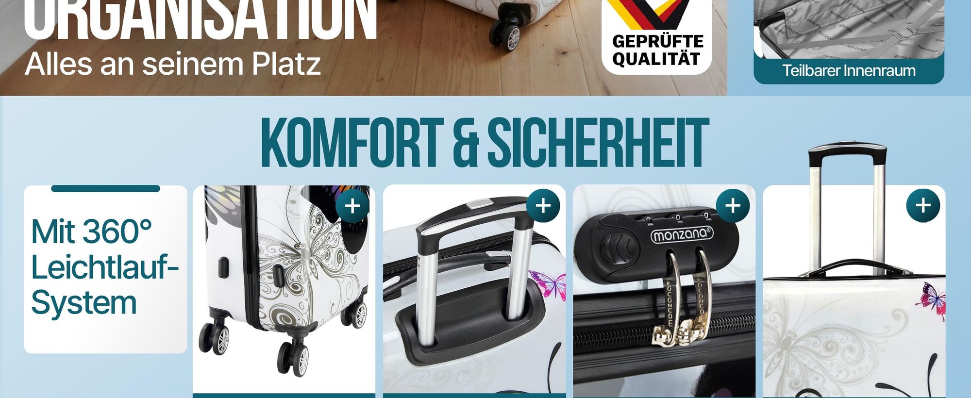 MONZANA Reisekoffer Hartschalenkoffer Butterfly Hartschale Trolley Koffer | ABS-Kunststoff | PC beschichtet | Alu Teleskopgriff | gummierte Zwillingsrollen | Größe XL