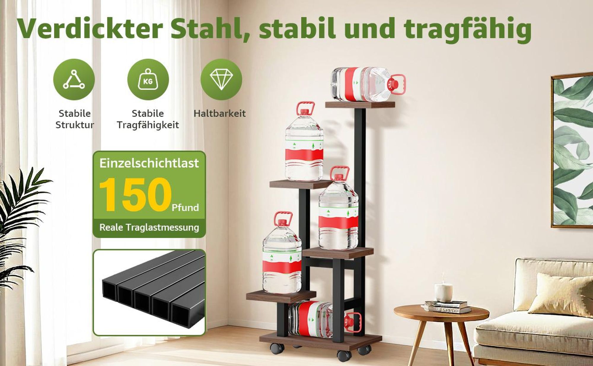 Mulisoft 5-Tier Hölzern Blumenregal Pflanzenregal, Mehrstöckig Blumenständer Pflanzenständer, Blumenbank Blumentreppe Pflanzentreppe, Standregal für Innen Garten Balkon Deko mit Rollen, Braun