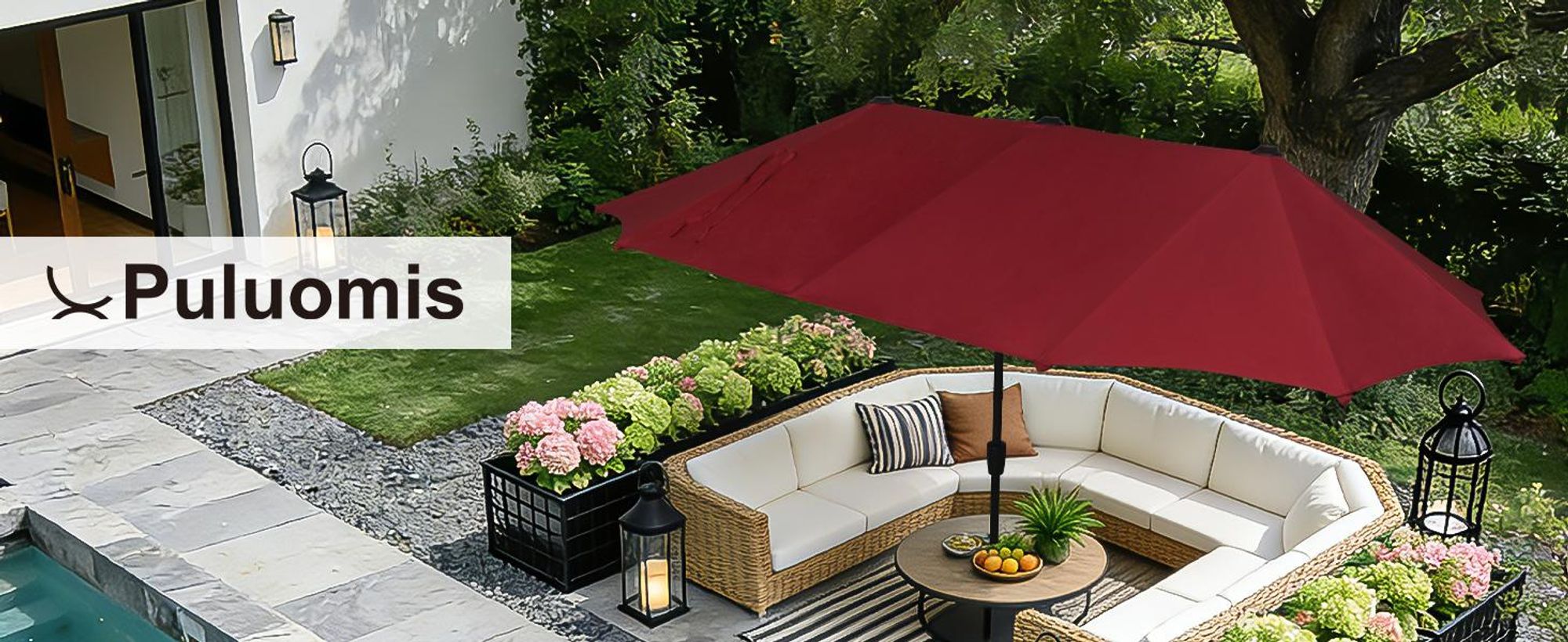 Puluomis Sonnenschirm 400 x 200 x238cm UPF 50+ mit Kurbel ohne Ständer Balkonschirm Strandschirm Marktschirm Gartenschirm Rot