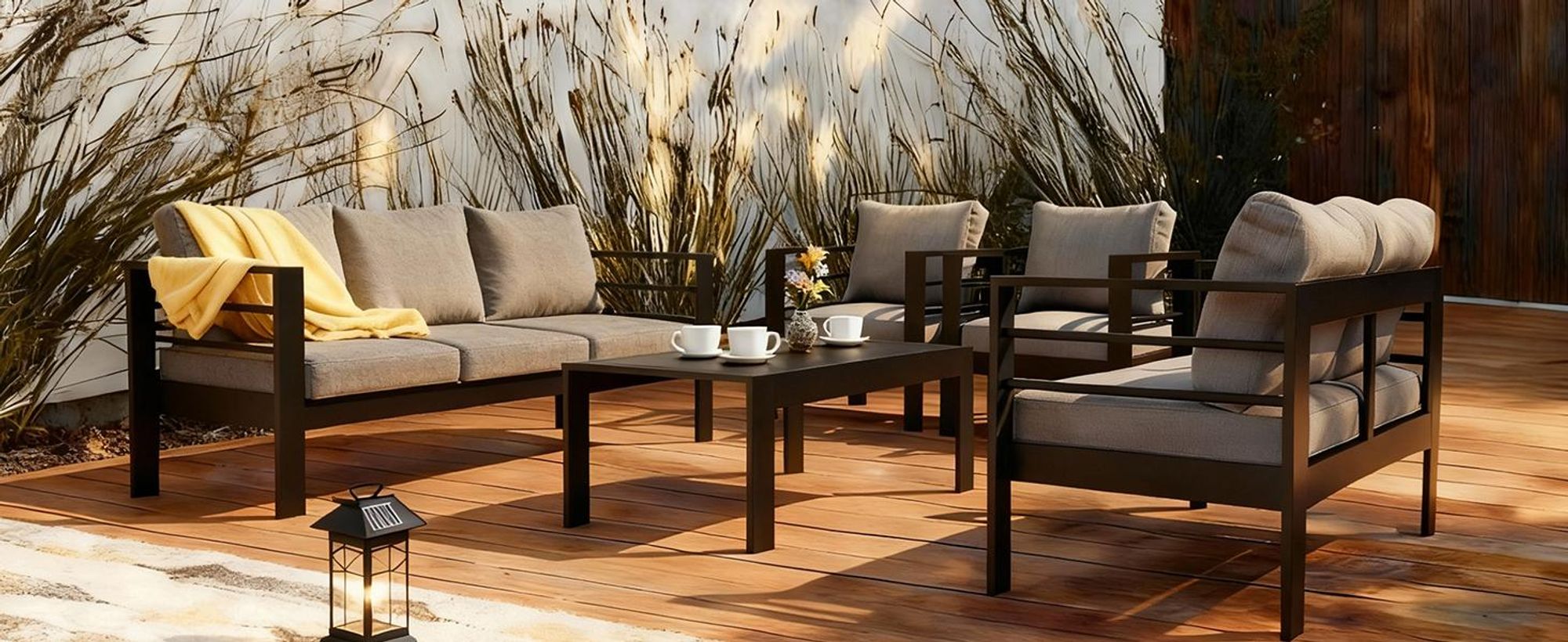 MeXo Gartenlounge-Set Gartenmöbel Set Aluminium Wetterfest 6-7 Personen, mit 12cm Deluxe Relax-Sitzkissen, pflegeleichte Polywood-Tischplatte