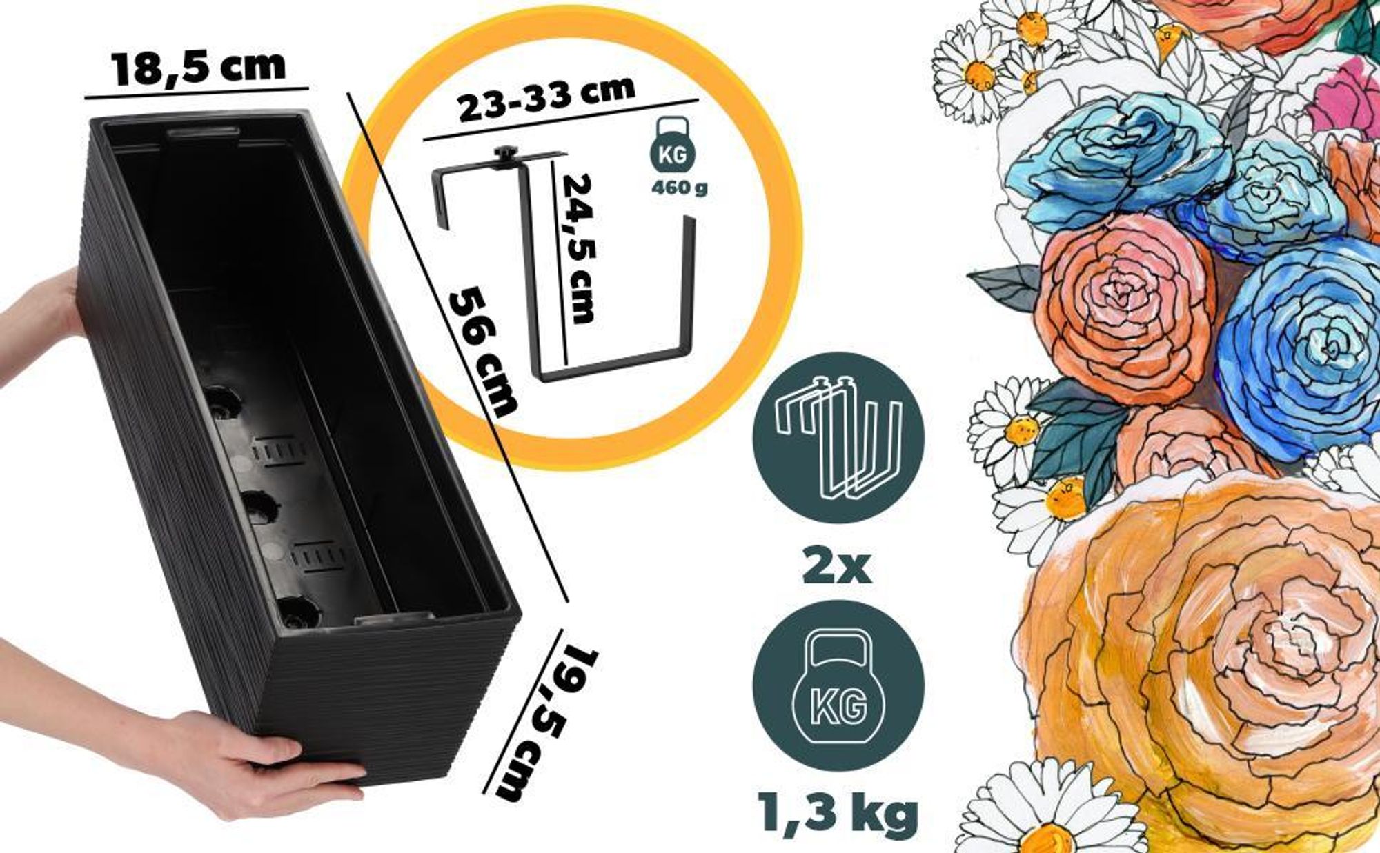 KADAX Blumentopf mit Einsatz "Treviso", 56 cm, Mit Halterungen, Ritzmuster, Schwarz