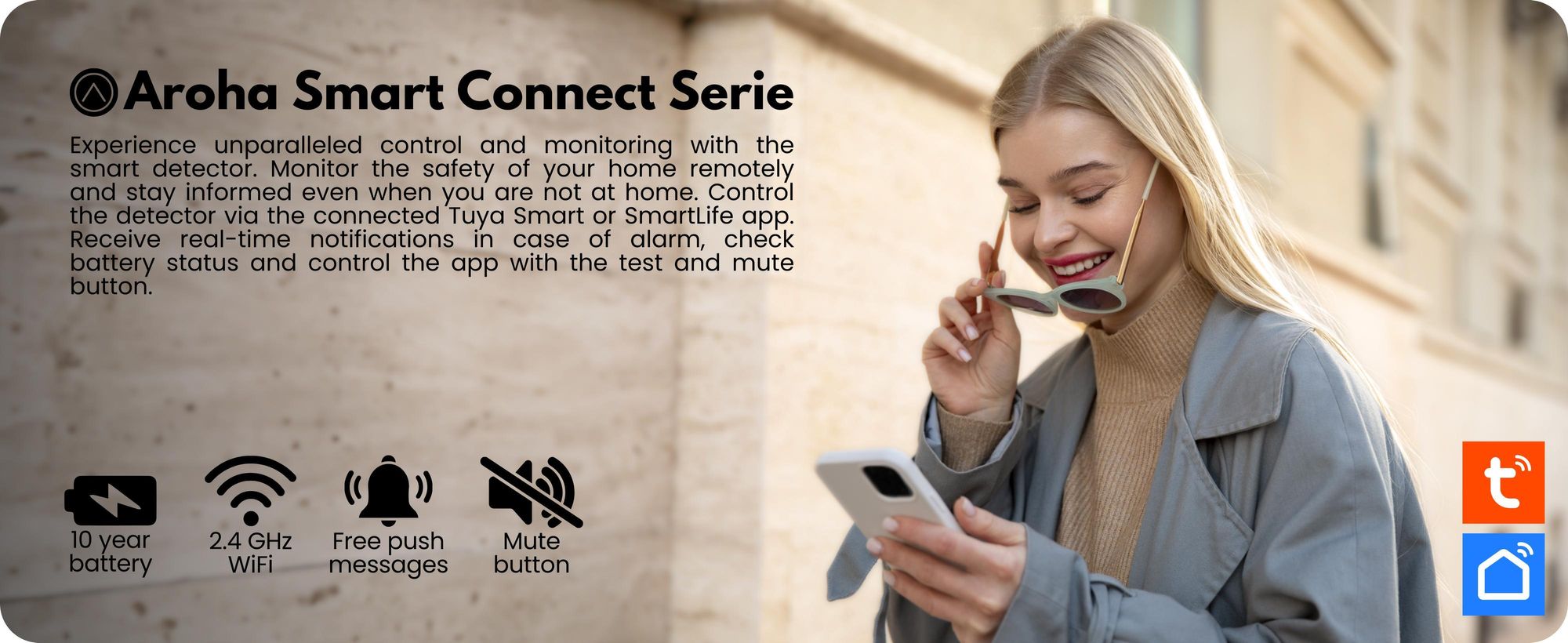 Aroha Smart Connect detektor tlenku węgla WLAN - bateria na 10 lat - Inteligentny detektor CO z aplikacją Tuya & Smartlife, kamper - 2 zestawy