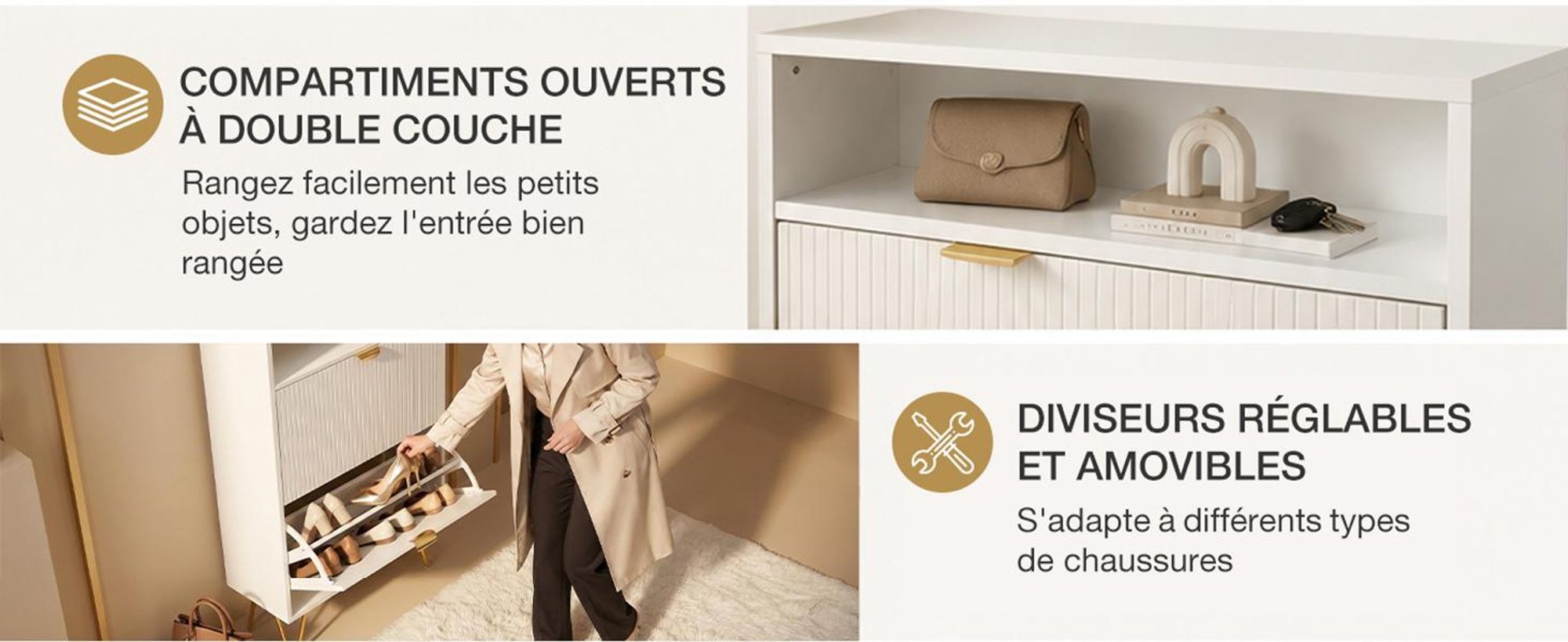 Meuble à Chaussures d'Entrée Blanc en Bois, 2 Portes Basculantes Structure métallique solide et grand rangement pour entrée et couloir, 101x60x26cm
