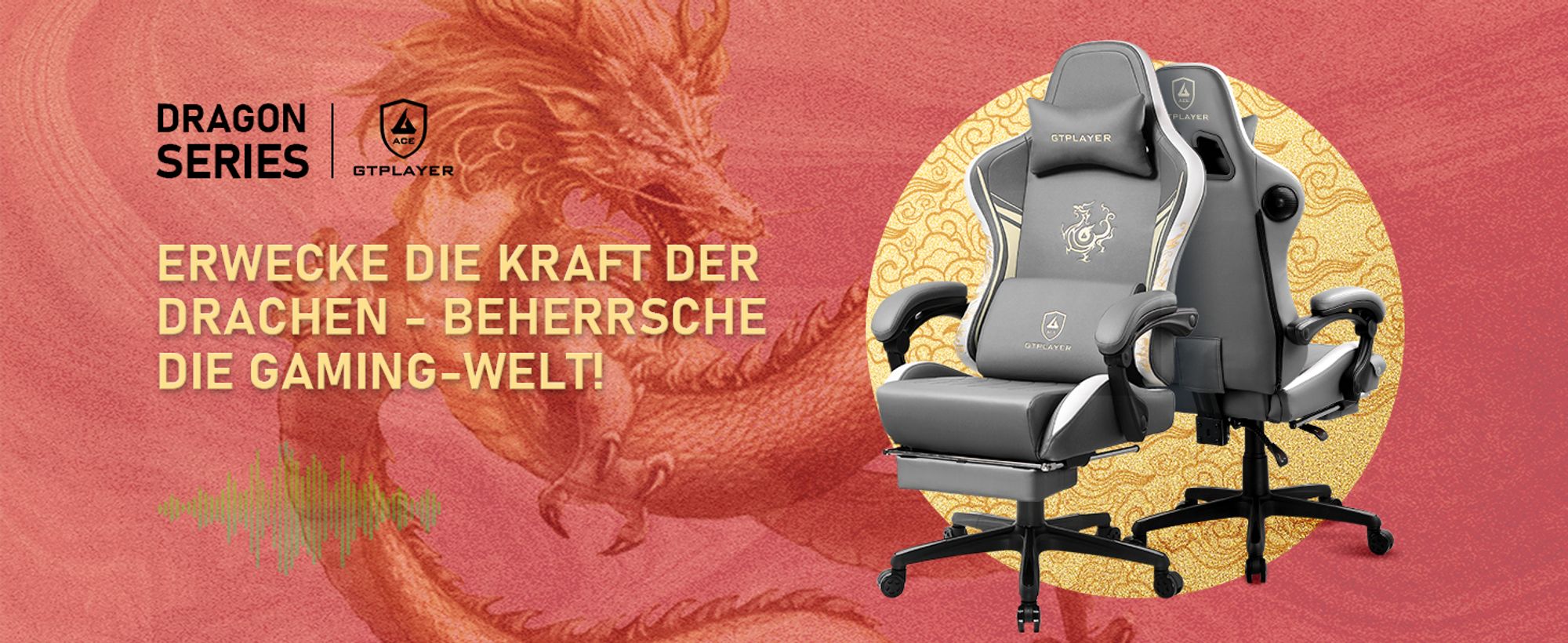 GTPLAYER Gaming Stuhl Gamer Stuhl mit Bluetooth-Lautsprechern und Fußstütze, Dragon Series Bürostuhl, Ergonomischer Drehsessel, Computerstuhl Grau