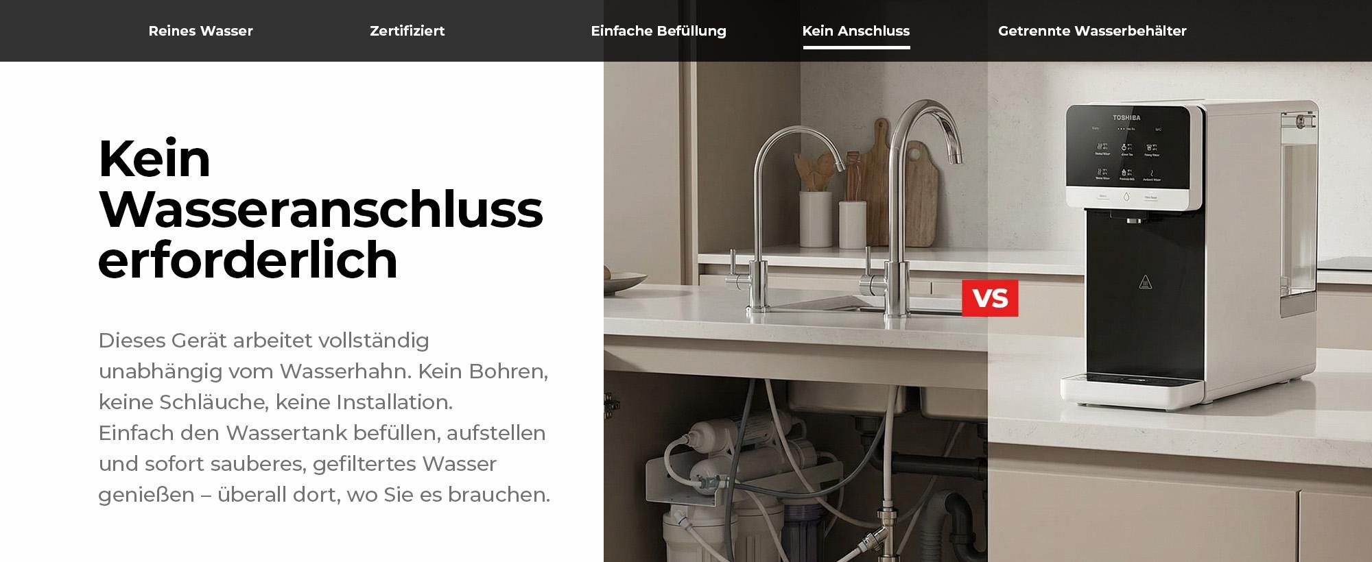 Toshiba Osmoseanlage, Wasserfilter Trinkwasser, Auftisch, Keine Installation, Heißwasserspender, Umkehrosmoseanlage, Mehrfach-Filterung, weiß
