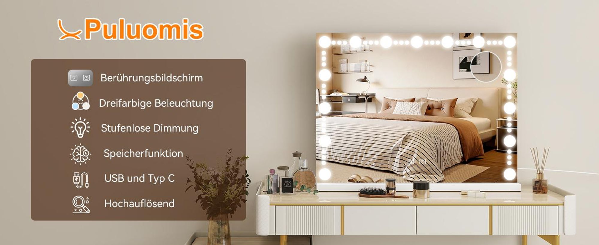 Puluomis Kosmetikspiegel Hollywood 15 LED 58x45cm 3 Farben Dimmbar Schminkspiegel mit Beleuchtung, USB,TYPC, 10xVergrößen, Spiegel Wandspiegel weiß
