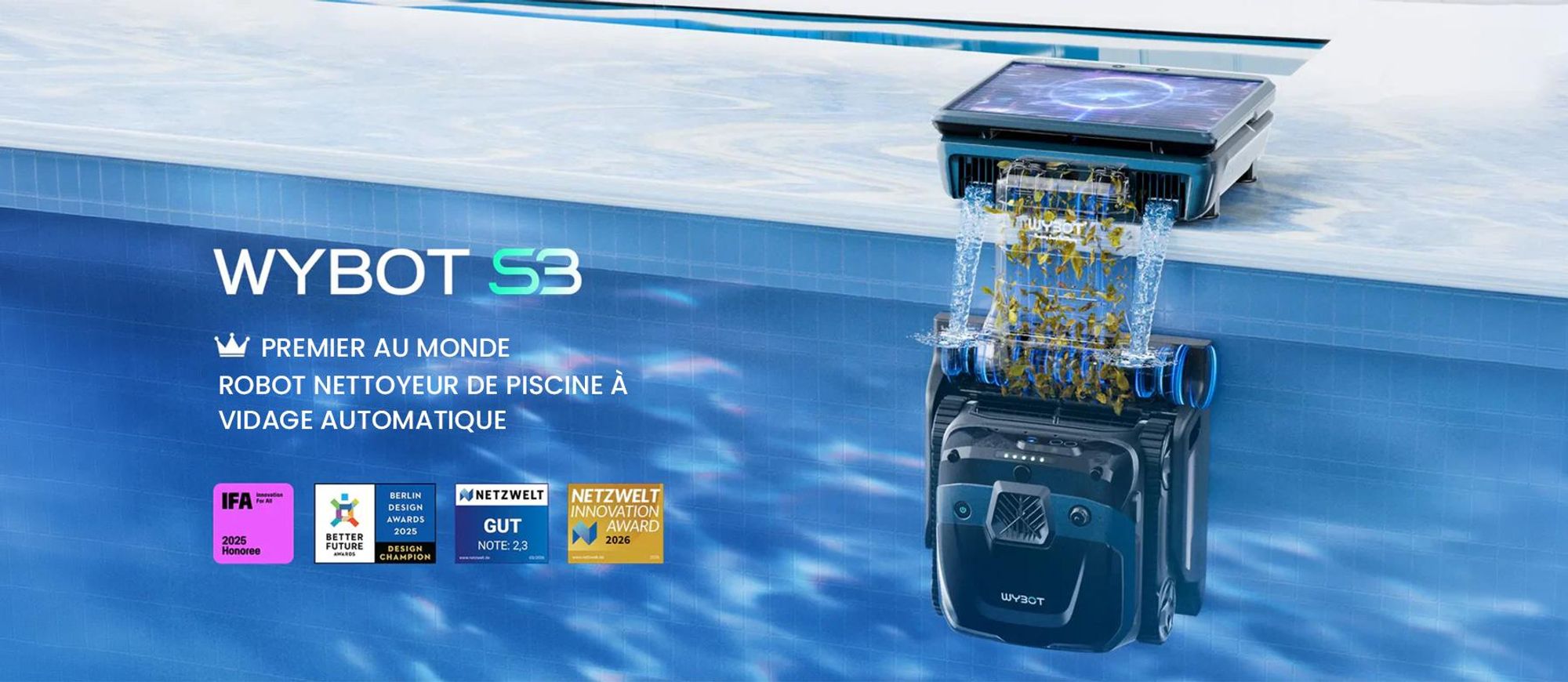 Robot de piscine WYBOT S3 : cartographie 3D, vision par IA, alimentation solaire/CC, réservoir de 10 litres à vidange automatique,via application
