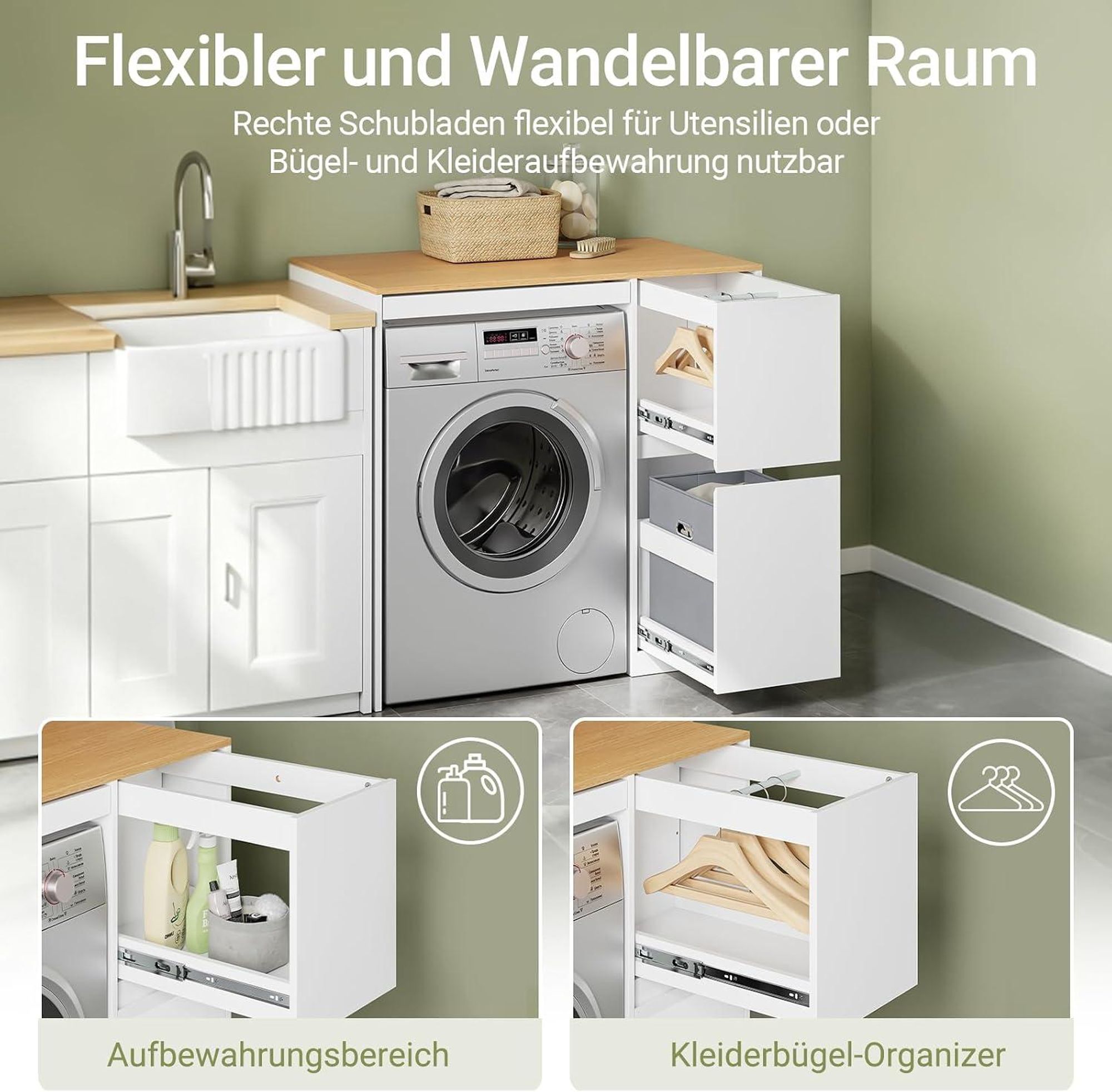 SoBuy Waschmaschinenunterschrank mit ausziehbarem Wäschetrockner und Schubladen, weiß, modern, 100x60x95 cm Holzplatte BZR223-WN