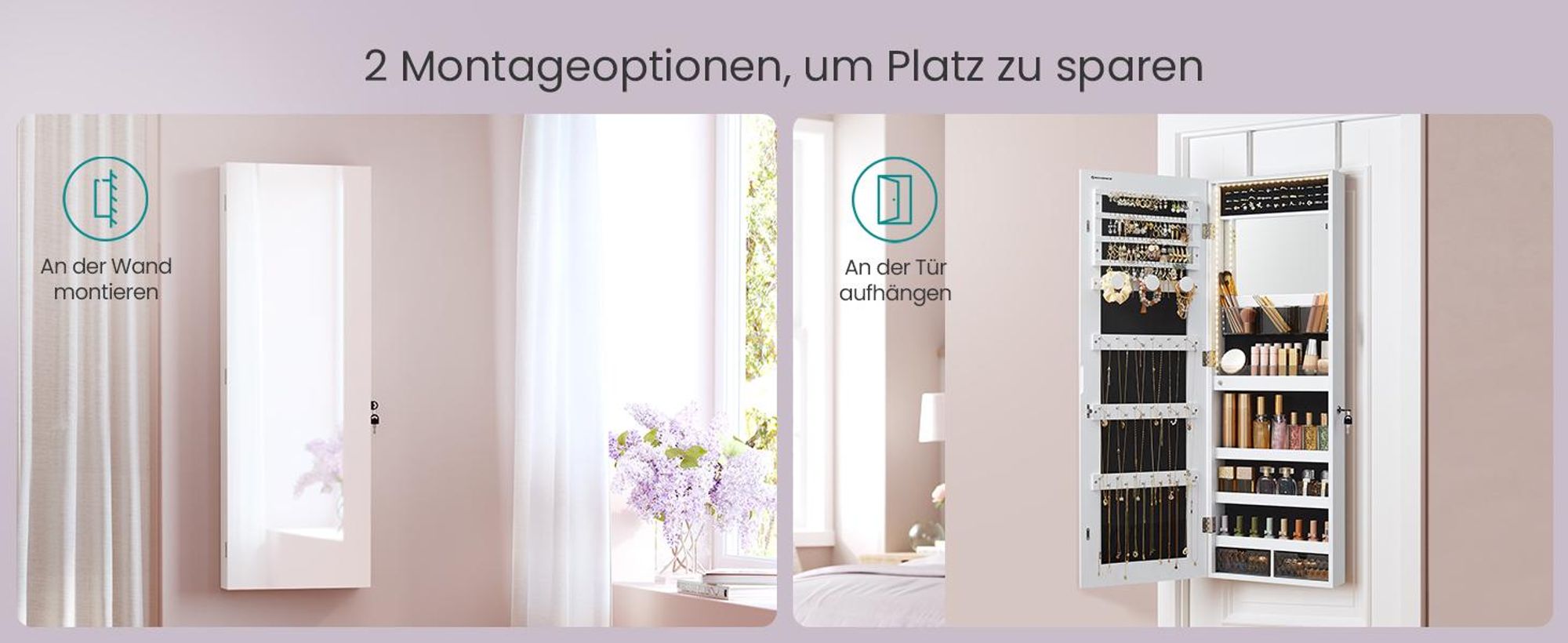 SONGMICS Schmuckschrank Spiegelschrank mit LED-Beleuchtung, Make-up-Spiegel