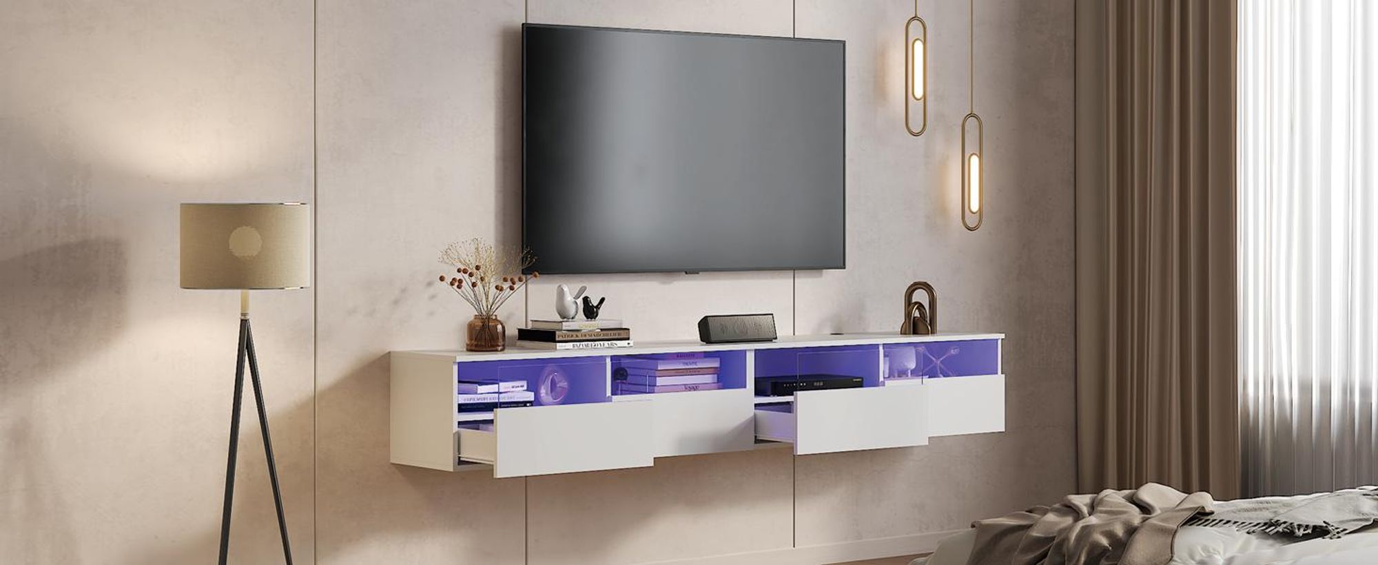 Radelldar Lowboard mit LED-Beleuchtung, TV-Schrank, hängend, grifflose TV-Board, 4 Schubladen mit Acryl,  200 cm, Weiß