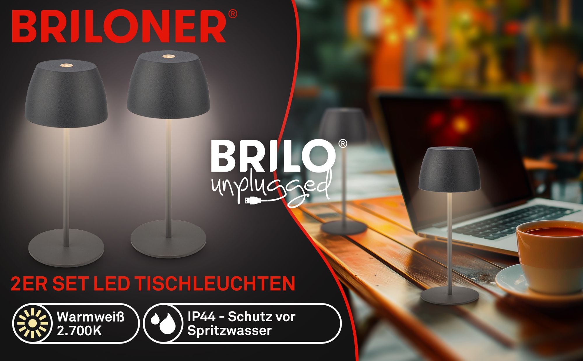 Briloner Serina 2er Set Mini LED Tischlampe kabellos IP44, Dimmbar, Touch, Spritzwasserschutz, akku, Anthrazit, Ø8 x 20 cm
