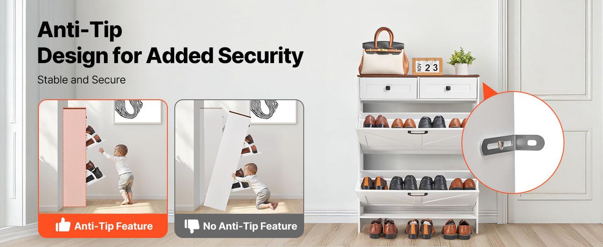 VEVOR Schuhschrank mit 2 Klappen & Kippschutz & Schubladen, platzsparender Schuhkipper, freistehender Schuhregal-Organizer für den Eingang Flur Wohnzimmer Veranda, Schuhregal 80x24x105 cm Weiß