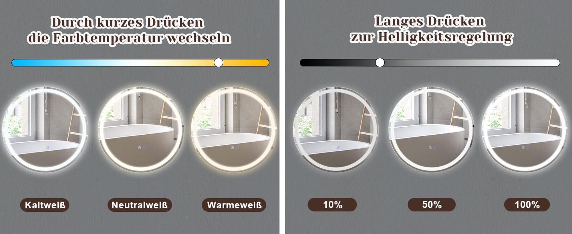 ZMH Spiegel Badezimmer Badspiegel mit Beleuchtung LED Badezimmerspiegel Rund Wandspiegel Bad 60cm Lichtspiegel Dimmbar 3000K-6500K