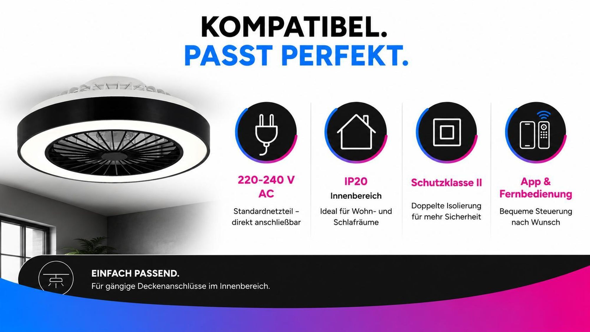 XUDO Deckenventilator mit LED-Licht 36 W, dimmbar, App, Fernbedienung, schwarz