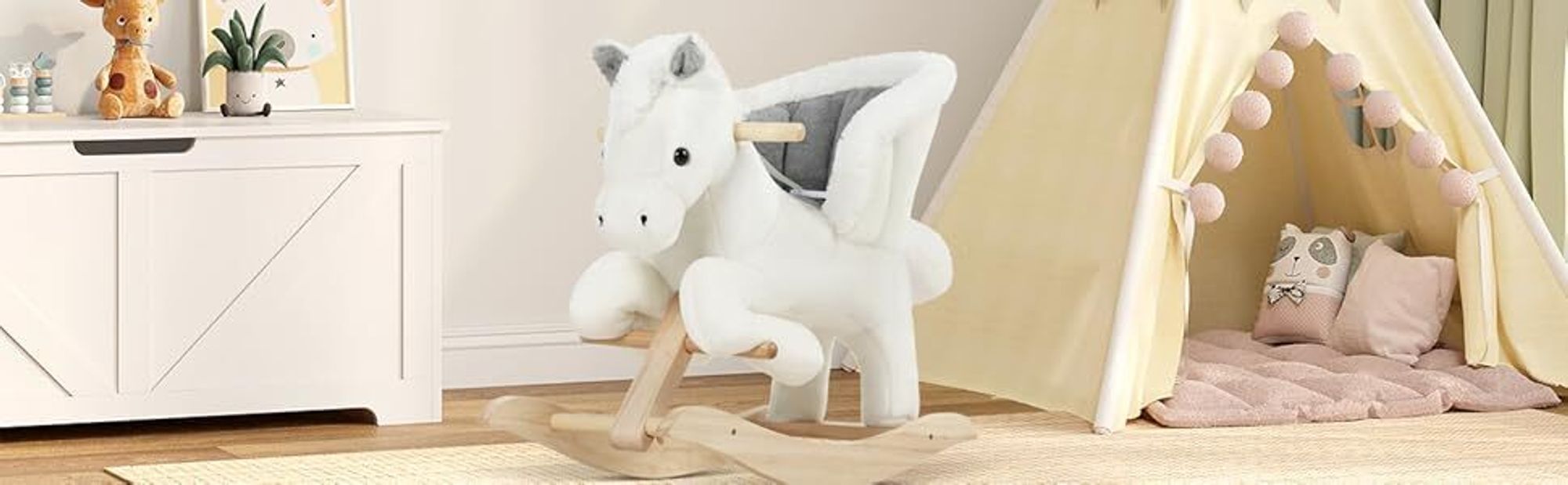 WOLTU Schaukelpferd mit Tiergeräuschen&Haltegriffen, PP-Baumwolle, Weiß+Rosa
