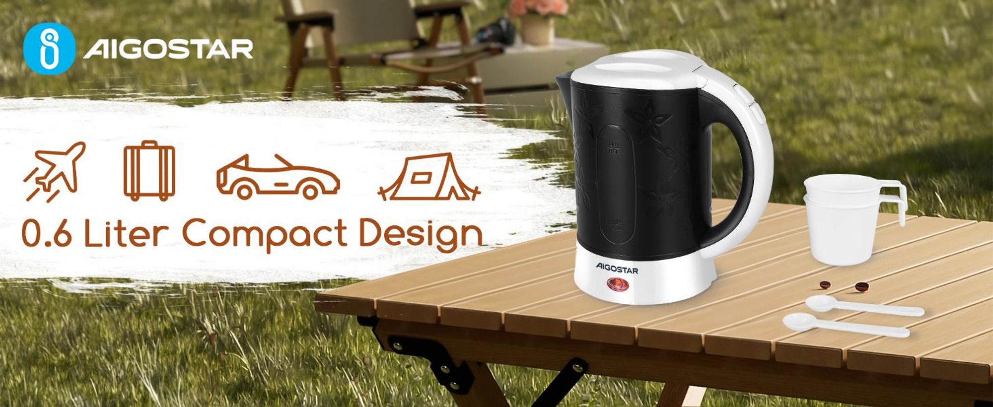 Aigostar - 0,6 L Reisewasserkocher, Mini Wasserkocher Klein 650W, Camping, 2 Tassen und 2 Teelöffel, Abschaltautomatik mit Trockenschutz, Shwarz