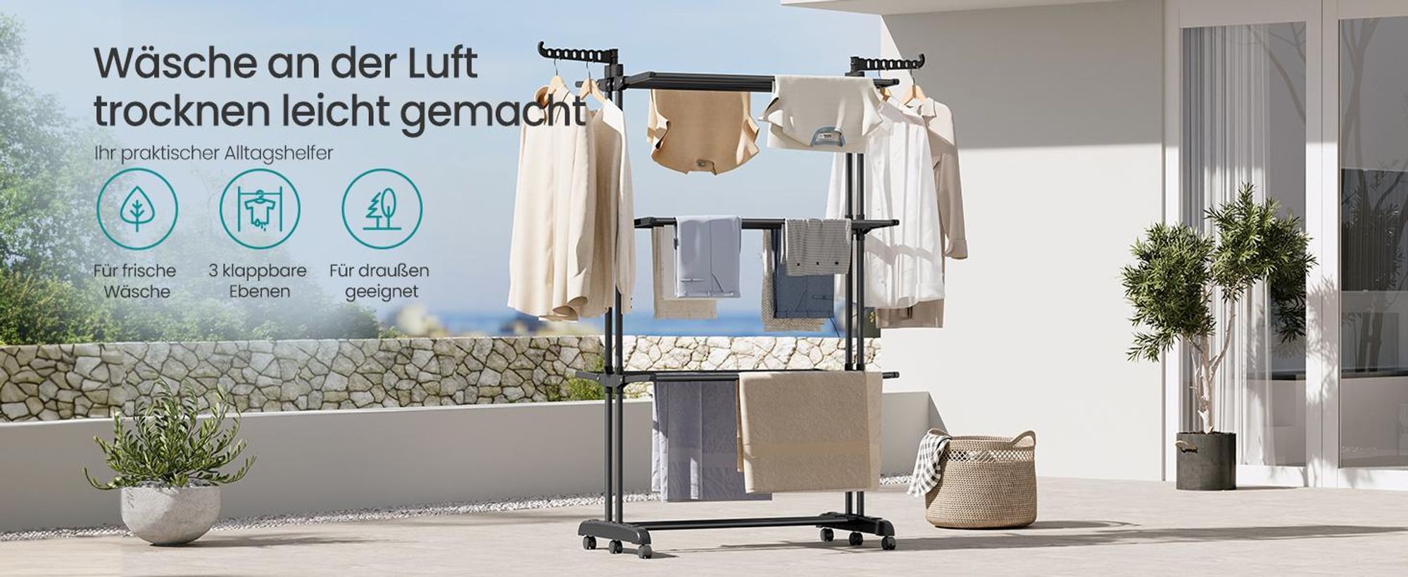 SONGMICS Wäscheständer, Standtrockner 4 Ebenen, Flügelwäscheständer, klappbare Flügel, mit Rollen, 63,5 x 125,5 x 173 cm, groß, einfacher Aufbau