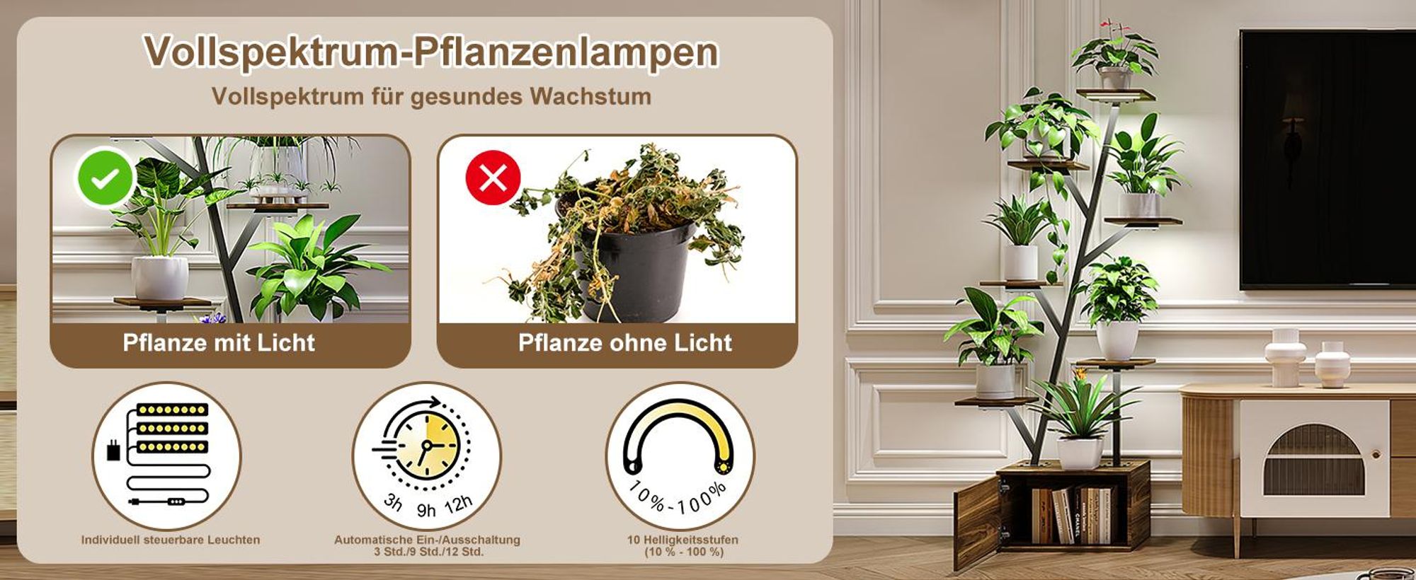 INONEFT 6 Ebenen Blumenständer mit Wachstumslichtern,Metall Holz Pflanzenregal ,Innen Blumentreppe,2 STÜCK