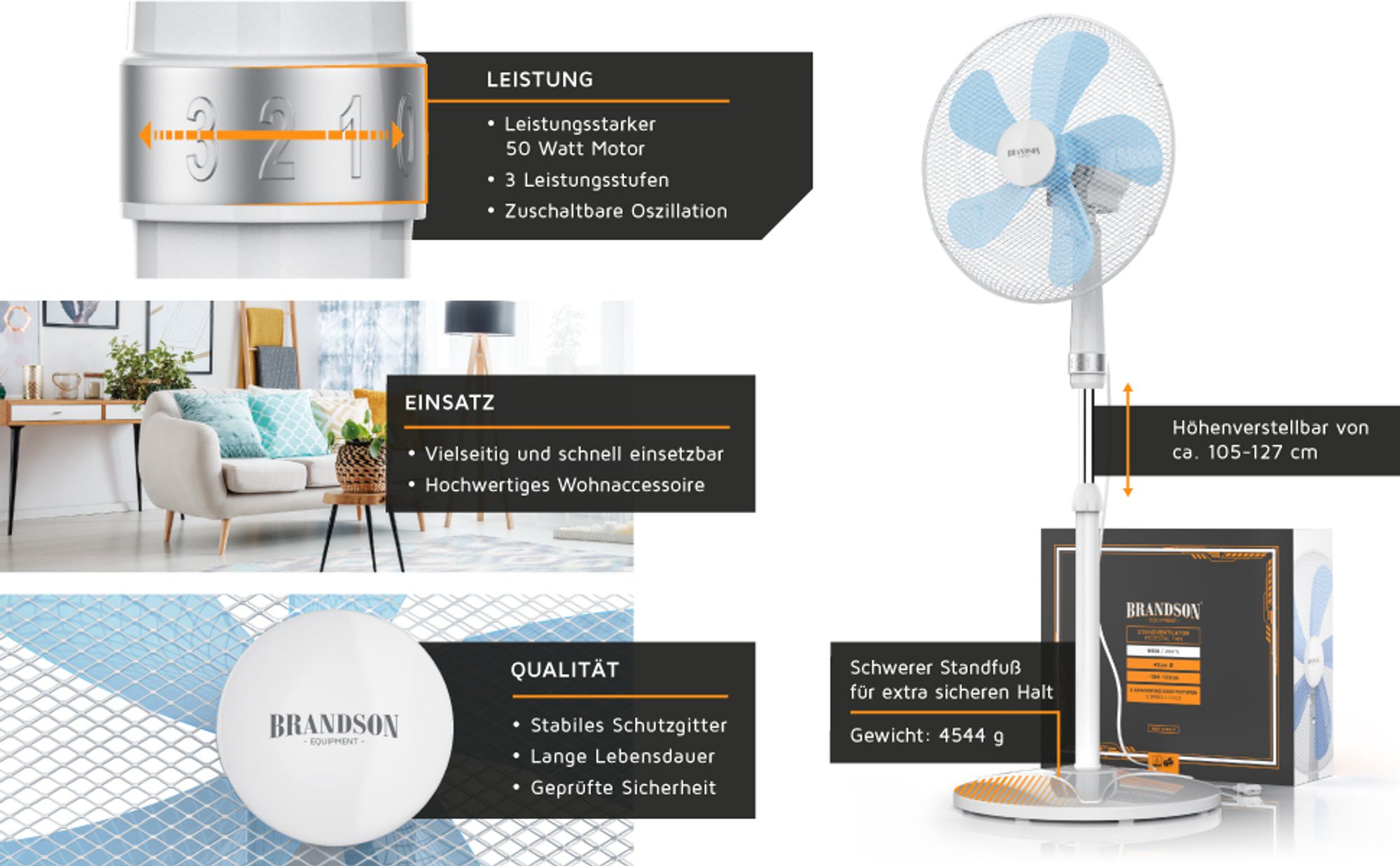 Weißer Standventilator mit blauen leistungstarken Rotorblättern mit Verpackung