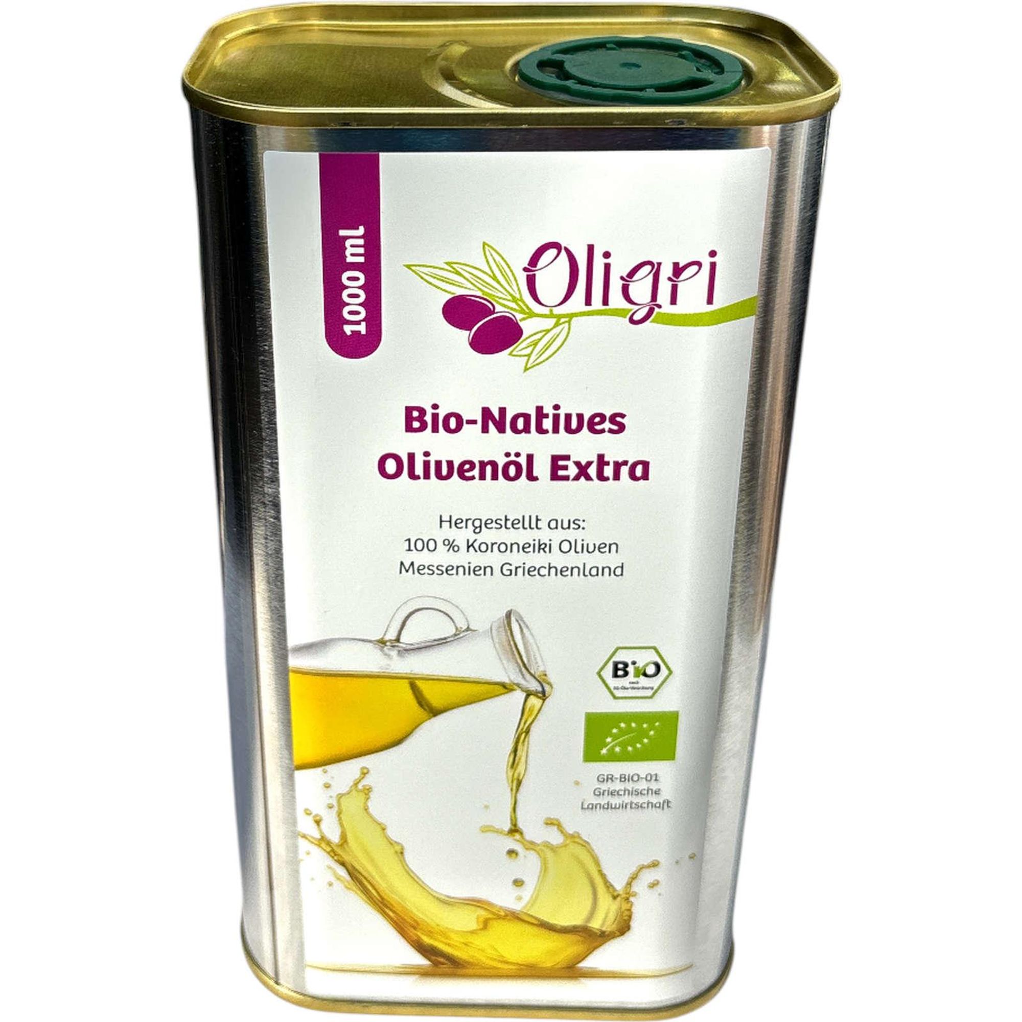 Oligri Bio Olivenöl Nativ Extra 1 L – 100 % Koroneiki, kalt extrahiert – Fruchtig & mild – Aus Griechenland – im nachhaltigen Weißblech-Kanister