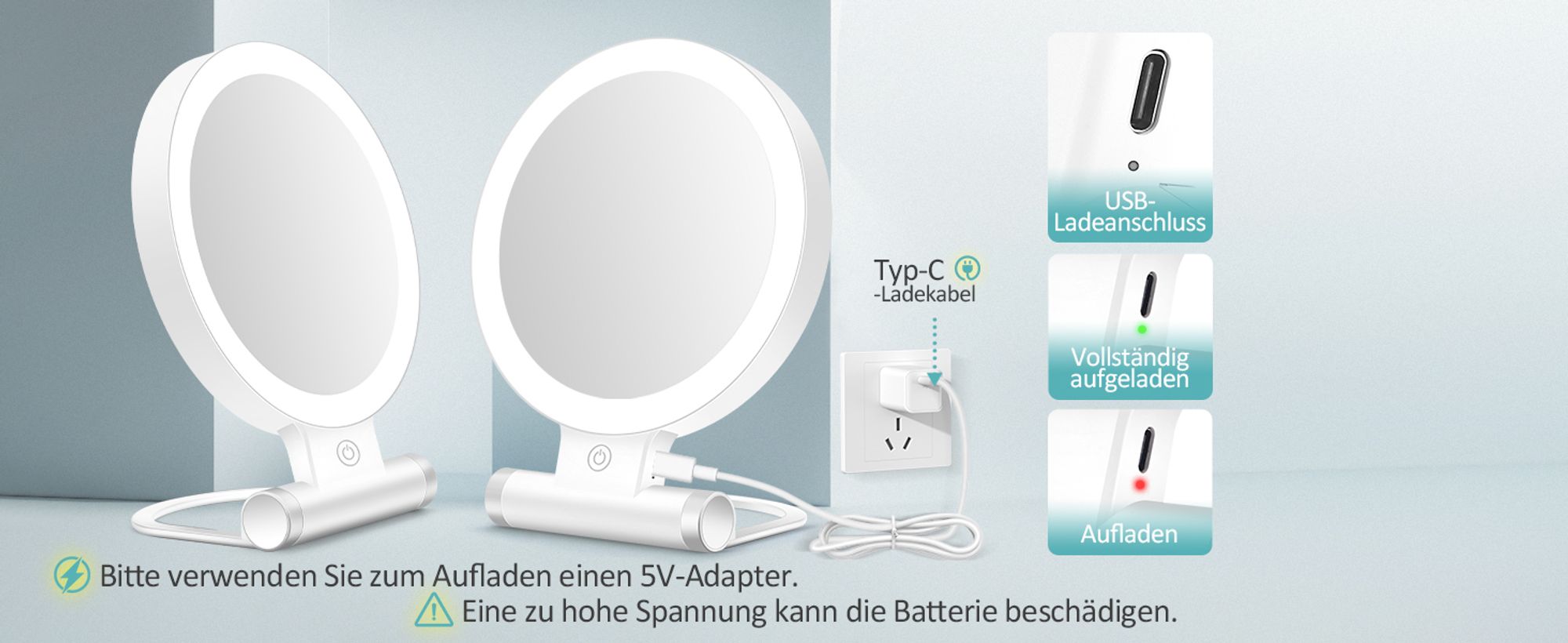 Schminkspiegel mit Beleuchtung,Doppelseitiger1X/30X Vergrößerungsspiegel mit Licht, 2000mAh 3 Farben Beleuchtungsmodi, Einstellbare Helligkeit, Faltbarer Kompakter Makeup Spiegel Reisegröße