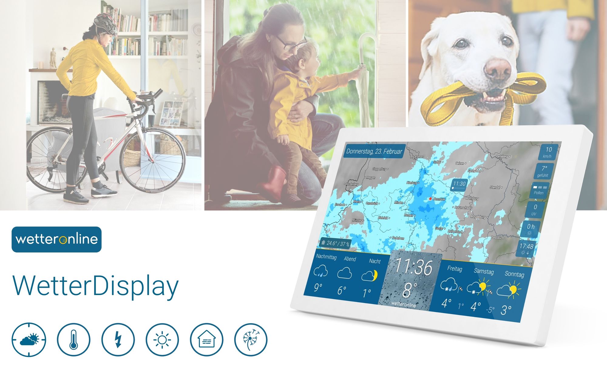 Das Bild zeigt die wetteronline home 3 und drei beispielhafte Lebenssituationen