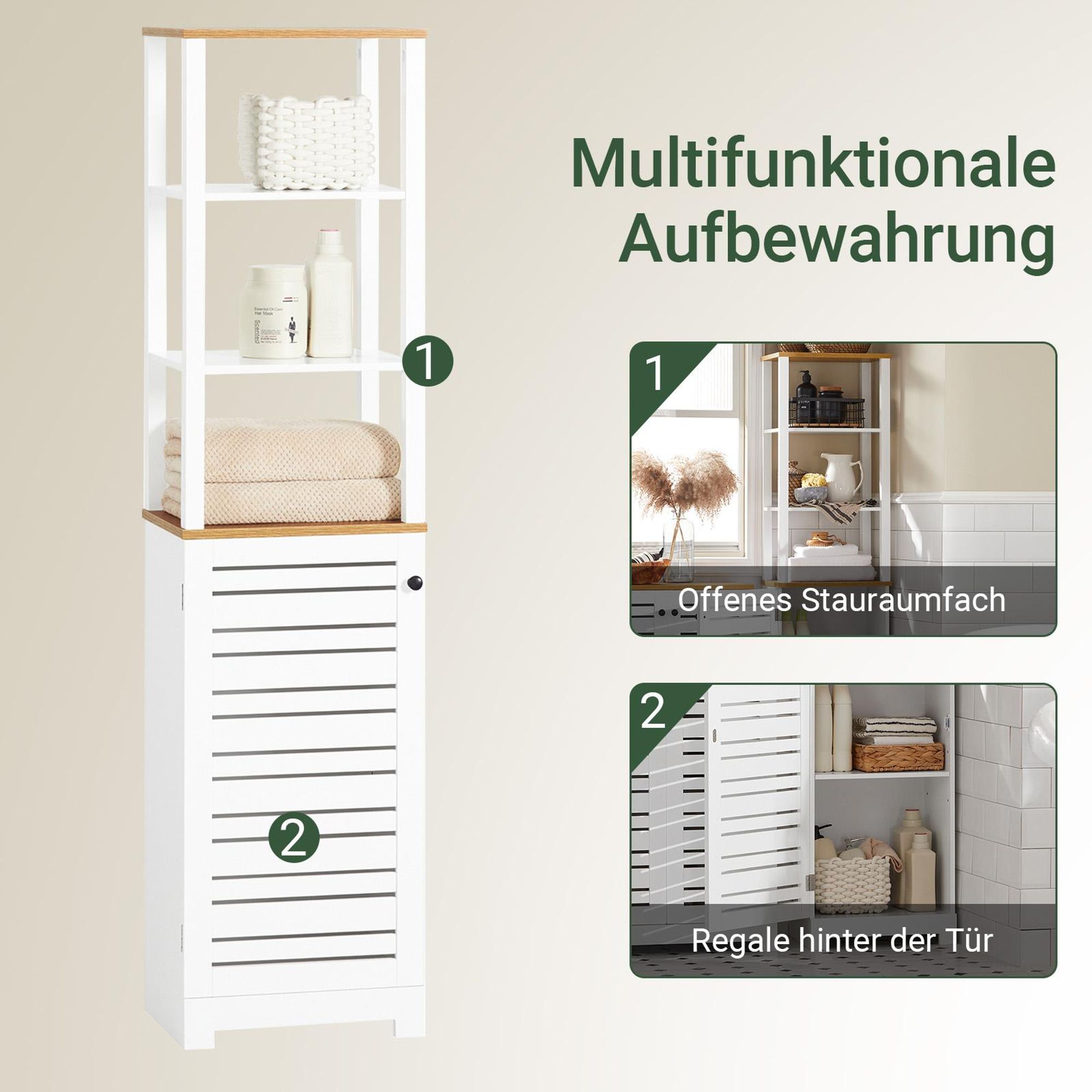 SoBuy Badezimmerschrank hoch und schmal Bad Hochschrank mit Lamellentür und offenen Fächern, platzsparender Badschrank, Weiß-Natur BZR43-W