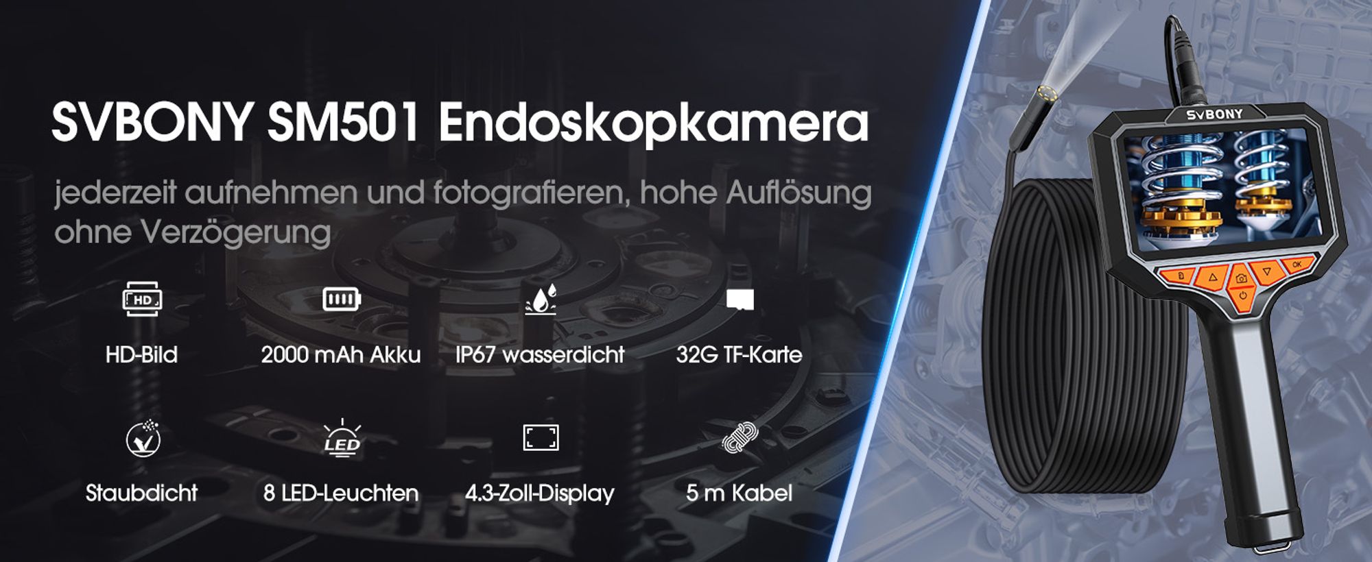 Svbony SM501 Endoskopkamera mit Licht, 1920P HD, 5m Langes Halbstarres Kabel, IP67 Wasserdichtes, 32GB TF Karte 4.3" IPS Bildschirm, 8 LED Leuchten