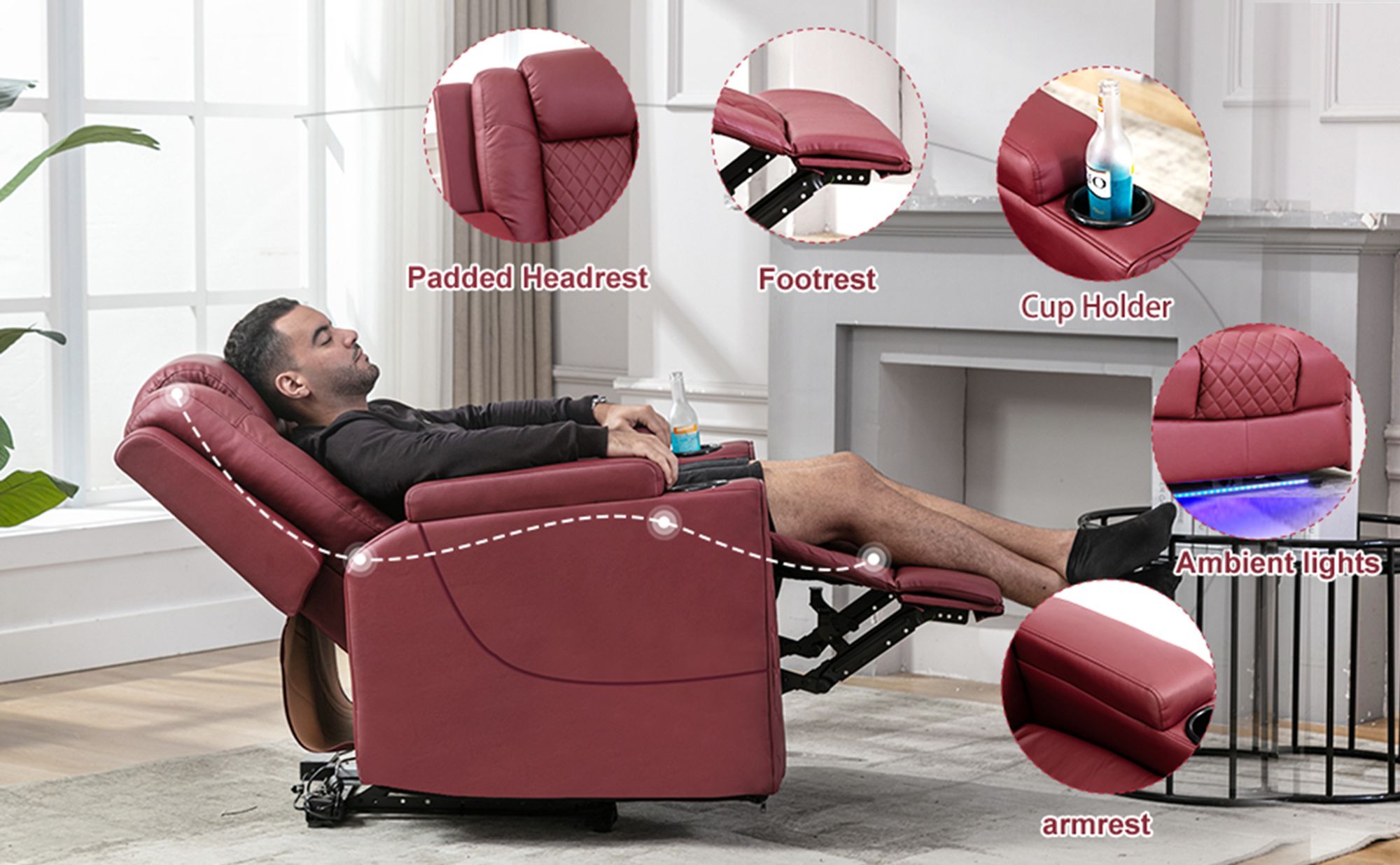 COMHOMA Elektrisch Relaxsessel TV-Sessel mit Massagefunktion, LED-Lichtern, Fernbedienung, Aufbewahrungstasche und 2 Getränkehaltern, rot.