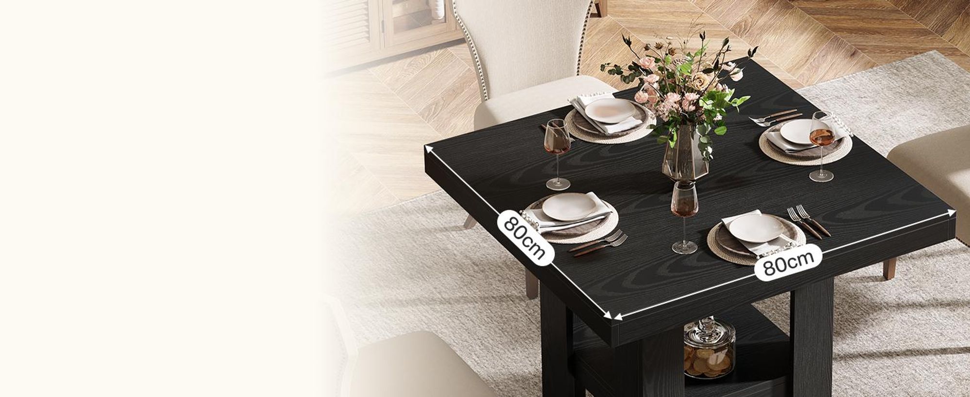 80 cm großer quadratischer Esstisch für 4 Personen, Küchentisch mit Ablagefach, Esszimmermöbel für Wohnzimmer und Restaurants, schwarz