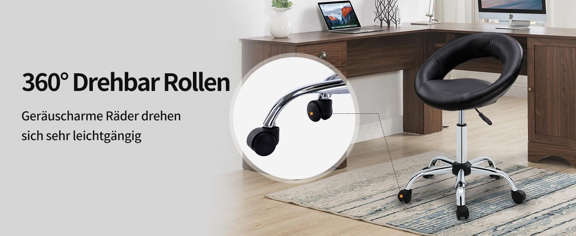 Duhome Rollhocker Drehhocker Schminkhocker Kunstleder Drehstuhl mit Lehne Bürohocker Höhenverstellbar, Schwarz