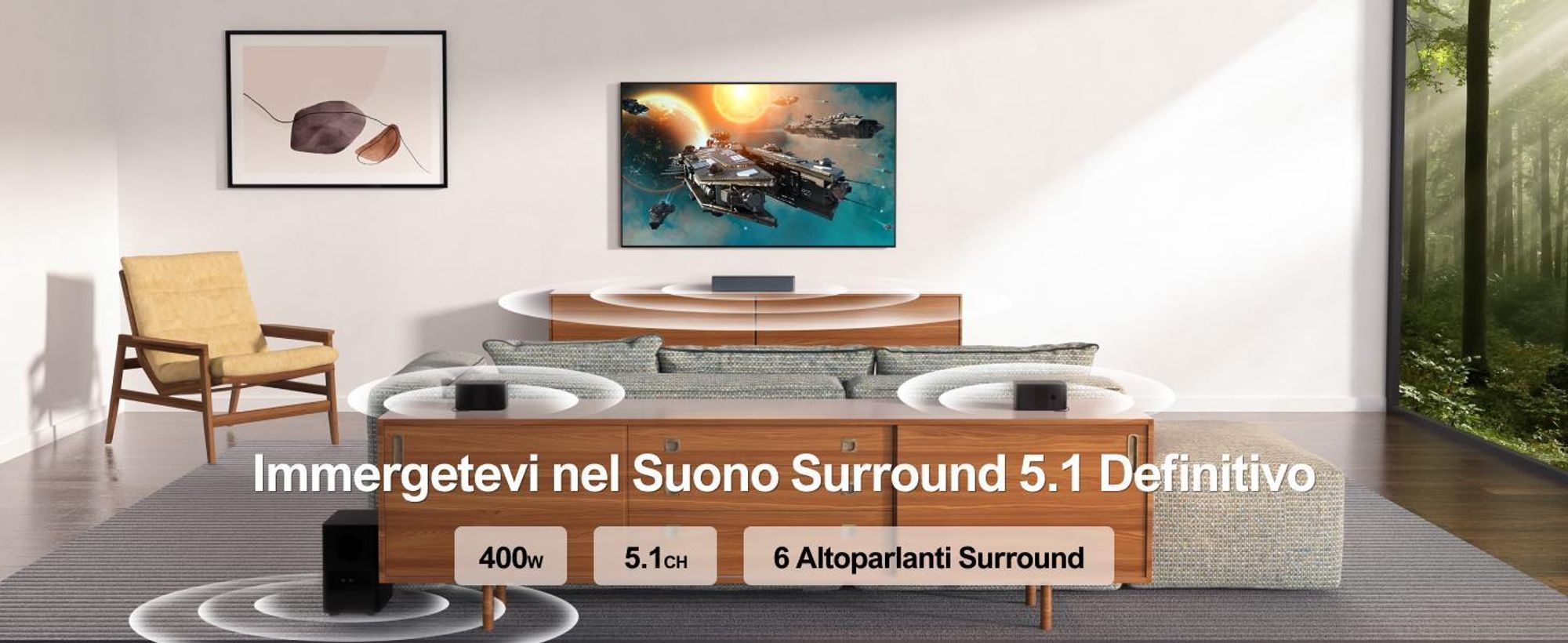 Soundbar surround 5.1 ULTIMEA, sistema audio surround virtuale 3D, soundbar regolabile in base ai bassi con subwoofer e altoparlanti posteriori