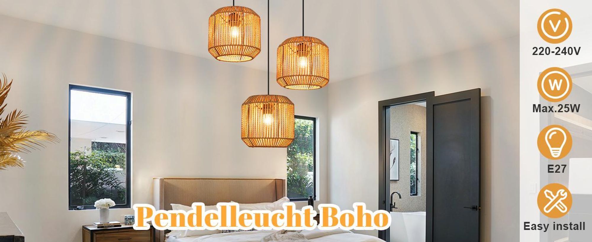 ZMH Pendelleuchte Boho Hängelampe Rattan Lampe Hängend Höhenverstellbar 3 flammig Esstischlampe mit E27 Fassung für Schlafzimmer Ohne Leuchtmittel