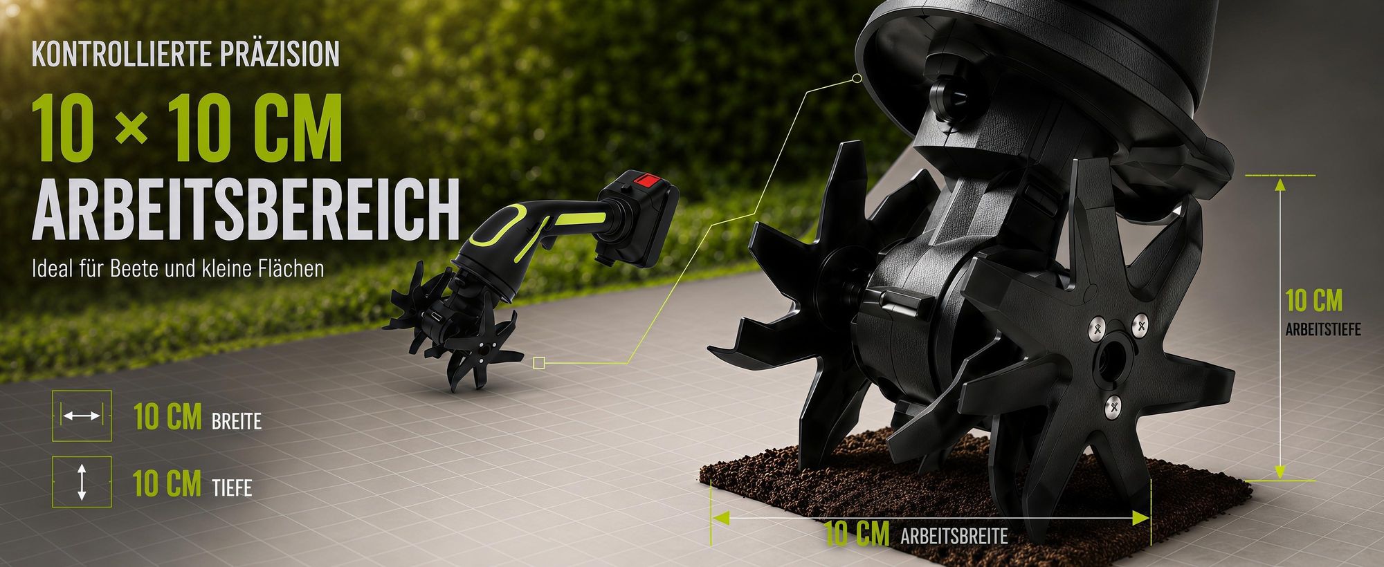 Multifunktionaler Mikro-Tiller, 100mm, elektrische Gartenfräse, 235 U/min, batteriebetriebener Rototiller für Gartenarbeit, 2 Akku und Ladegerät