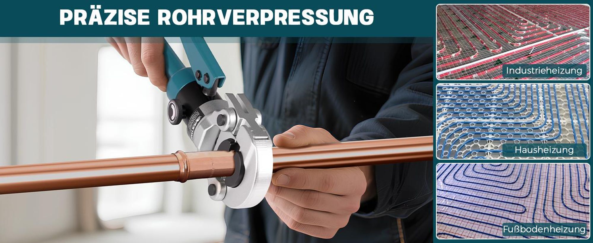 Profi Presszange V-Kontur und TH-Kontur mit Rohrabschneider Handpresszange mit V12 V15 V18 V22 V28 & TH16 TH20 TH26 TH32 für Kupferrohr Verbundrohr