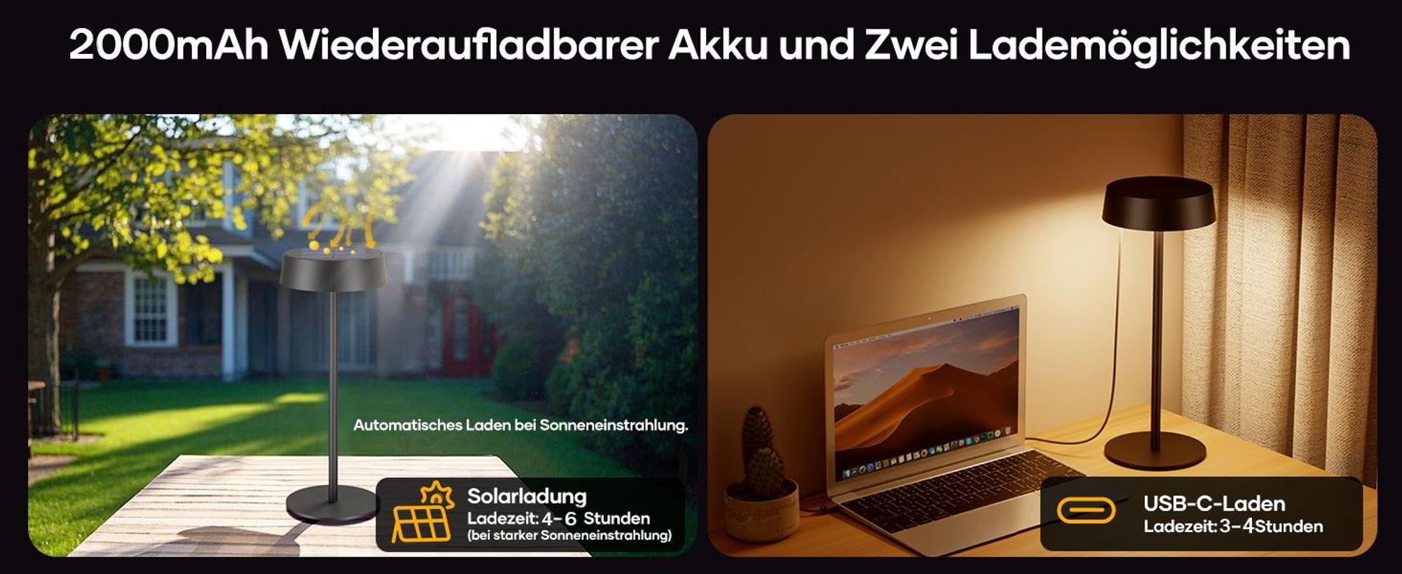 LED Tischlampe Solar Wiederaufladbar Kabellos Tischleuchte 3 Farbtemperaturen Dimmbar Touch Schalter Wasserdicht für Innen Aussen, Schwarz