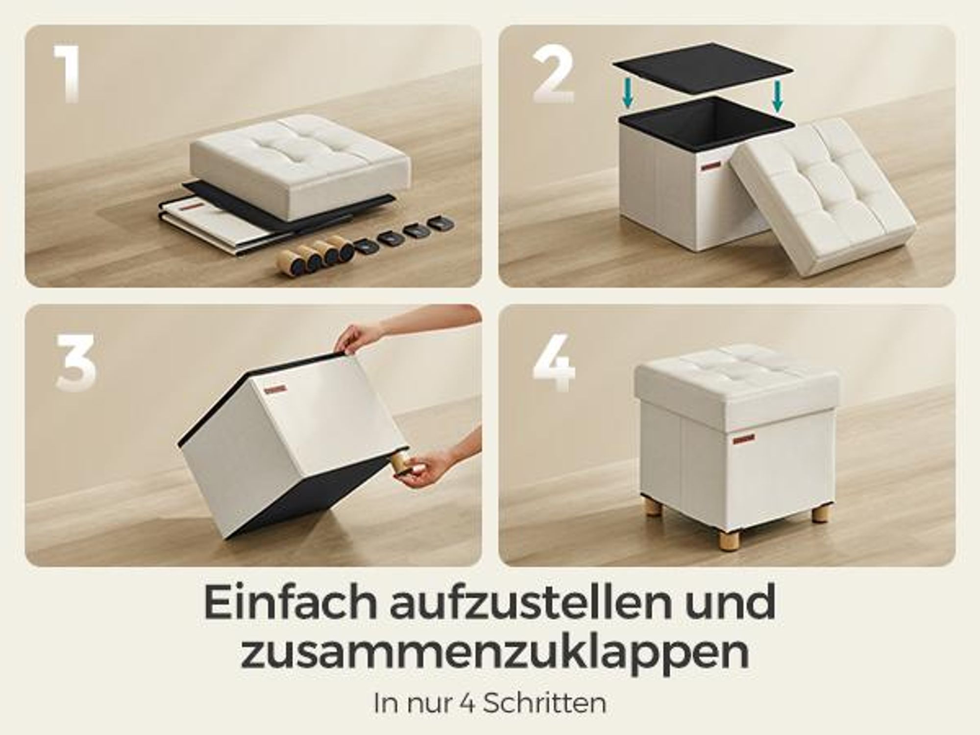 SONGMICS Sitzhocker, 37L, klappbare Sitztruhe, Aufbewahrungsbox, Cremeweiß
