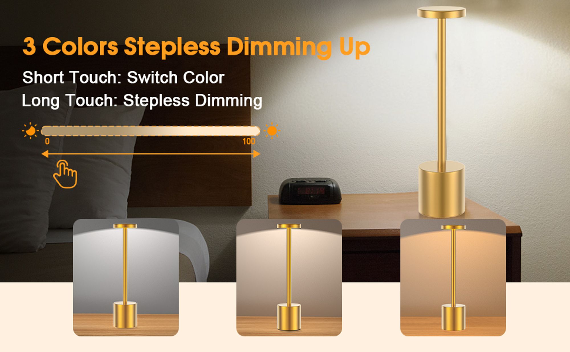 2er LED Nachtlichter Akku Tischlampe Kabellos,1800 mAh Batterie mit 3 Beleuchtungsmodi Dimmbar Tischlampe,LED Tischleuchte Nachttischlampe,golden