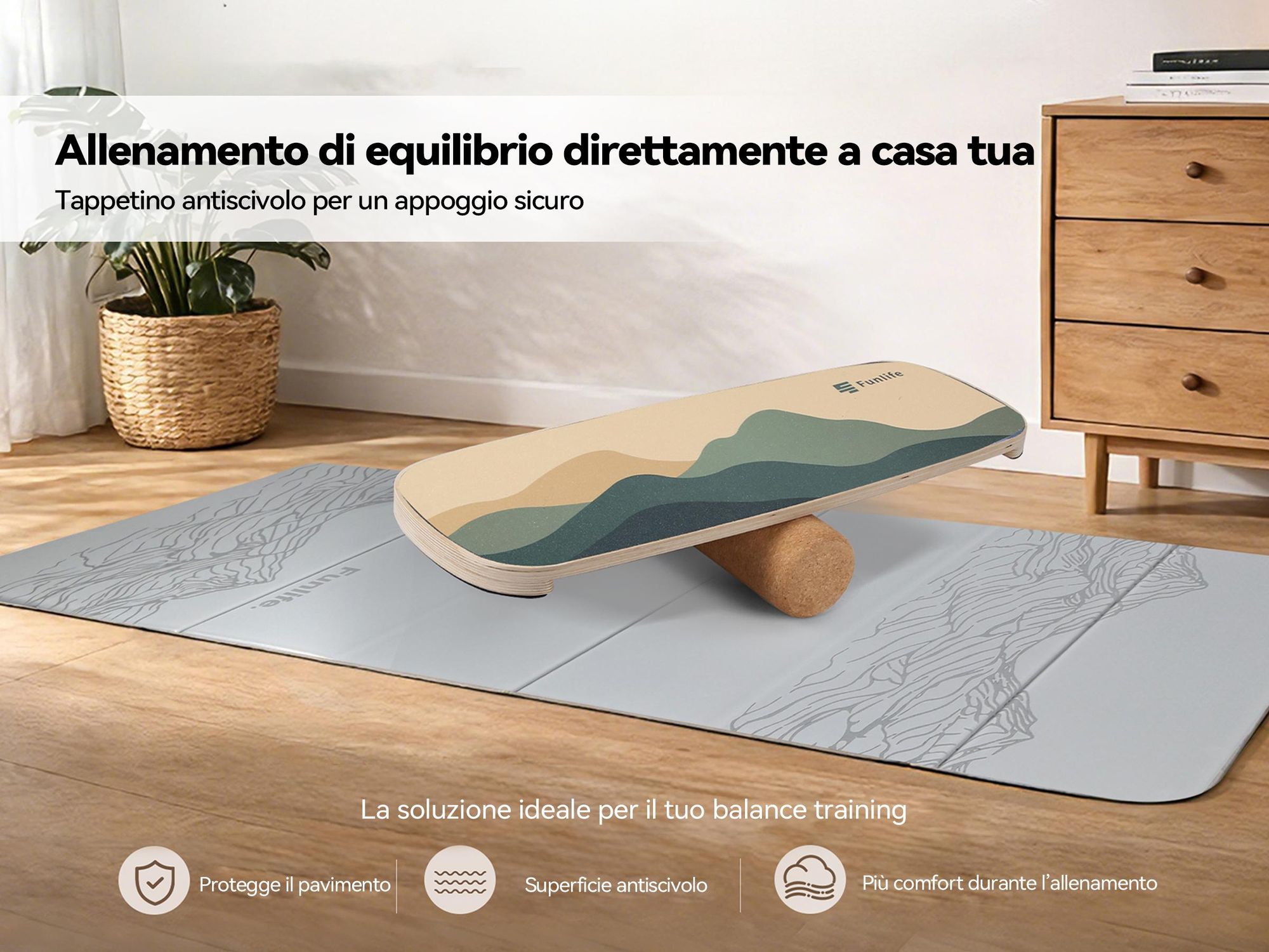 FunLife MOVE Balance Board in legno con rotelle – Attrezzo professionale per l'allenamento dell'equilibrio con sistema a 3 livelli, allenamento del core, fitness e stabilità, fino a 150 kg