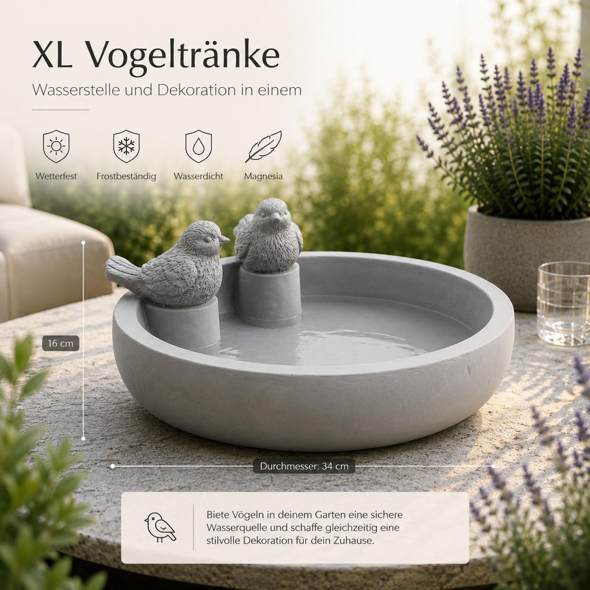 XL Vogeltränke mit Deko-Vögeln Ø34 cm – Vogelbad & Futterstelle – Magnesia grau – wetterfest & frostsicher