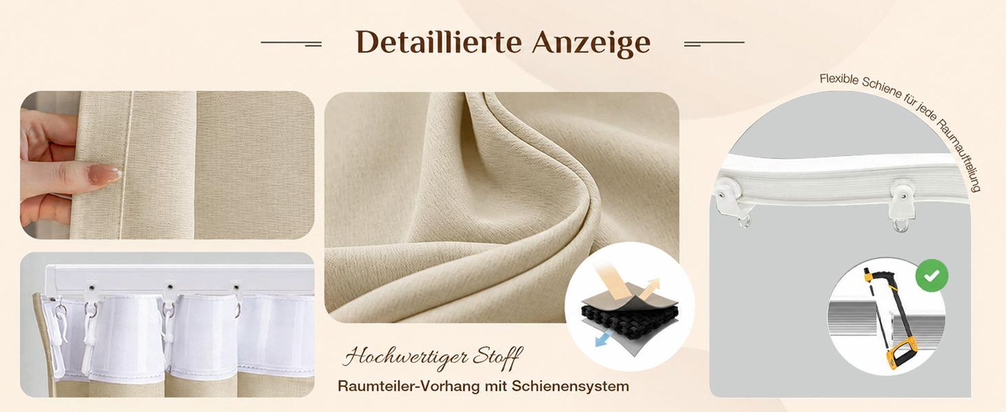Extra Breite Vorhang Blickdicht Raumteiler mit Schiene Gardinen Vorhänge Türvorhang für Wohnzimmer Schlafzimmer, B254xH244cm, Beige