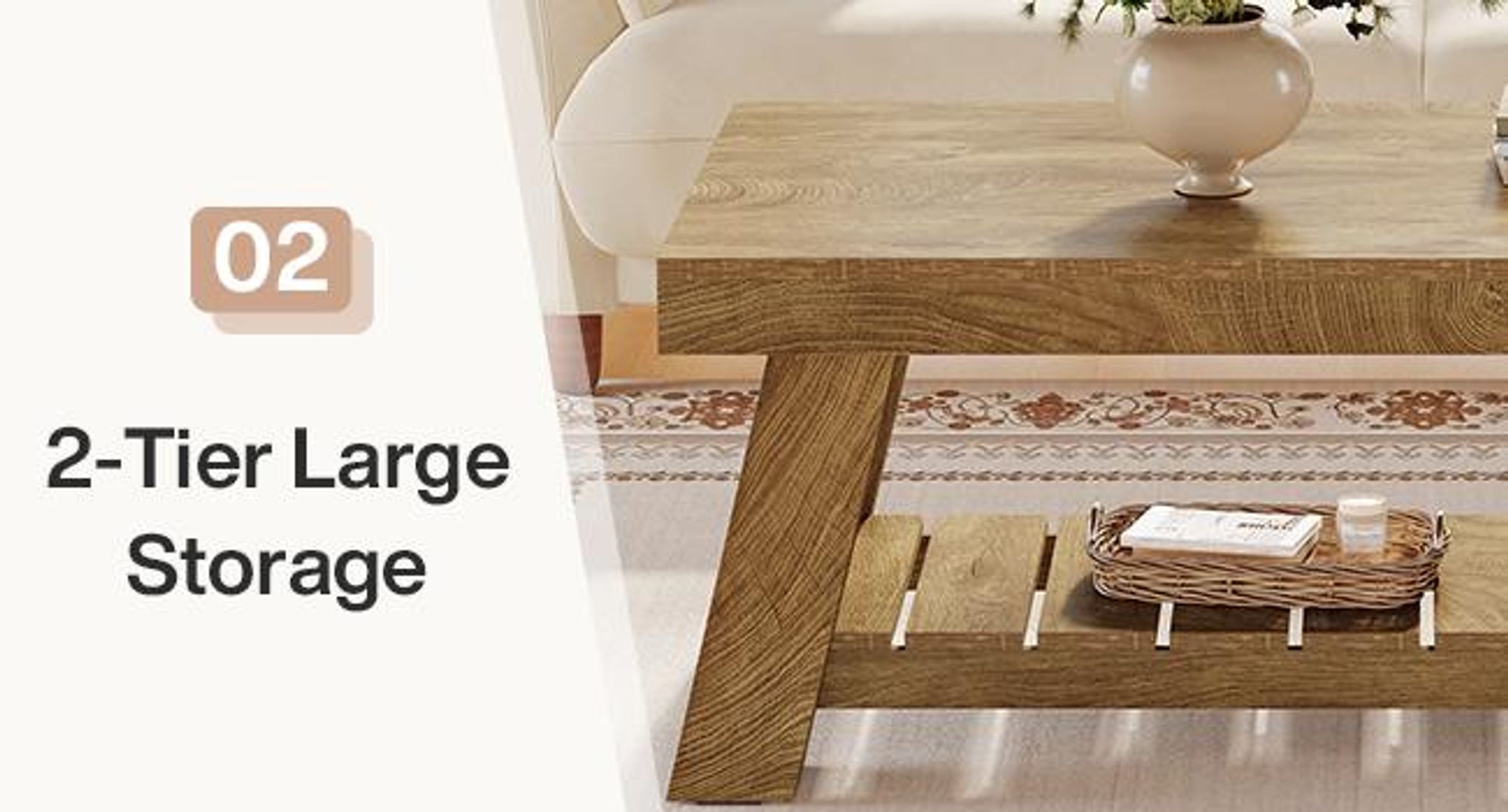 Tribesigns Rechteckiger Couchtisch, 120 cm, Landhausstil, zweistöckiger Beistelltisch mit Ablagefächern für Wohnzimmer und Wohnung