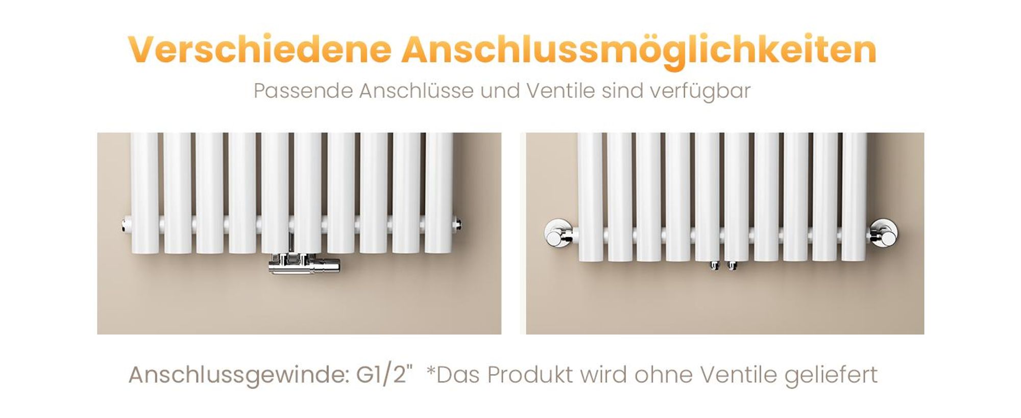 EMKE Design-Heizkörper 1800 x 600 mm Heizkörper Vertikal Weiß Ovalheizkörper Mittelanschluss Doppellagig Heizung, 2175W ohne Heizstab