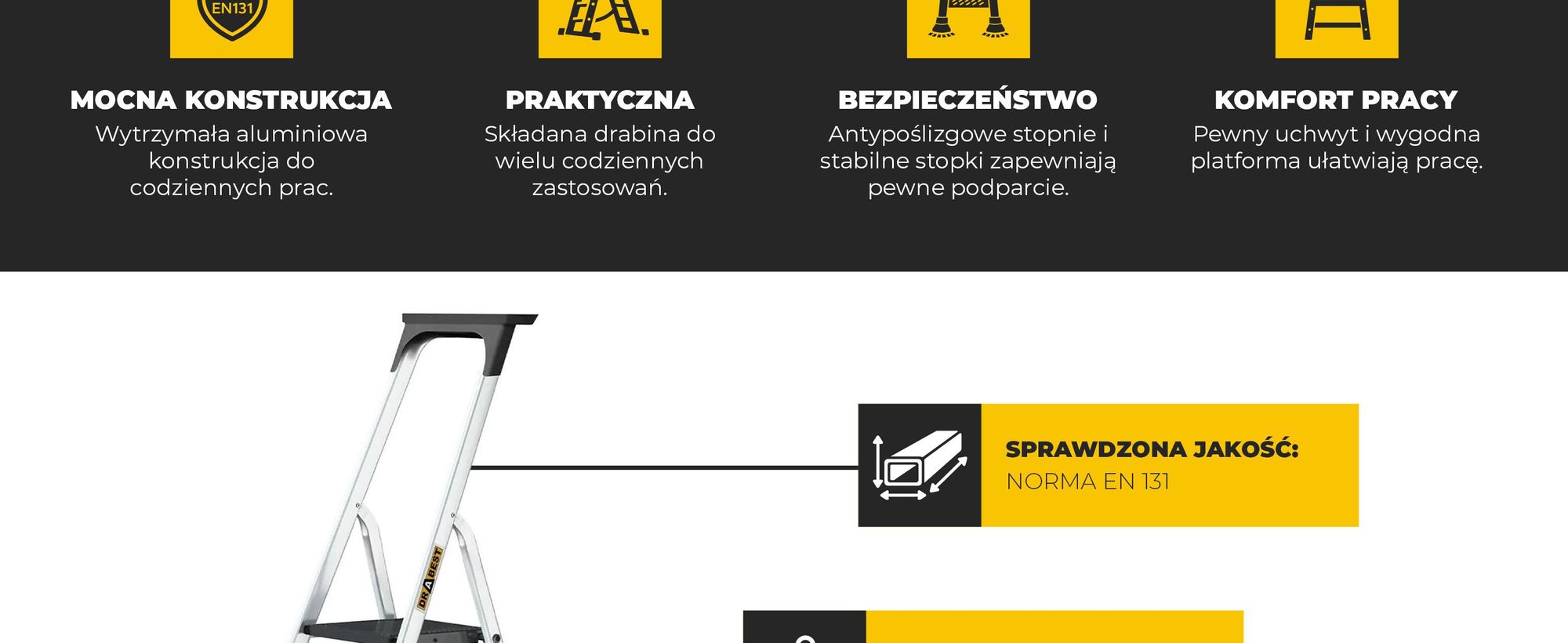 DRABEST | Drabina aluminiowa 6-stopniowa składana z platformą i półką na narzędzia, wysokość robocza 3,19 m, udźwig 150 kg