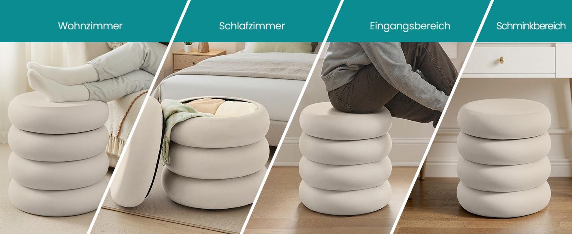 SONGMICS Schminktisch-Hocker mit Stauraum, runder Polsterhocker, abnehmbarer Deckel, Schlafzimmer, Samt, 43 x 47 cm, creme
