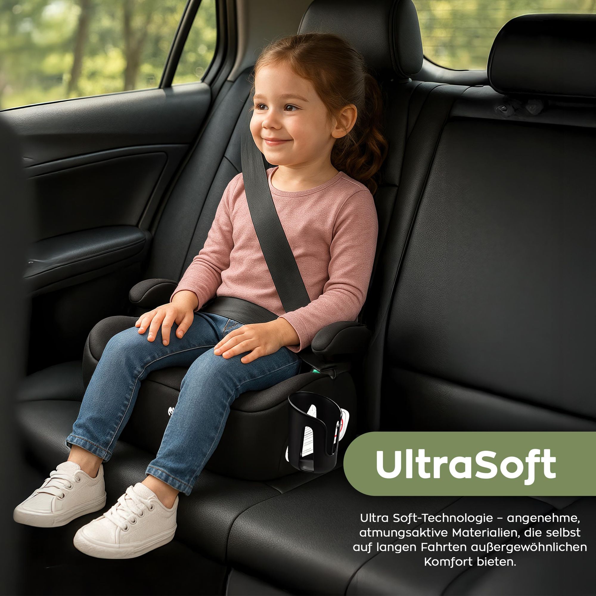 Tulano Cabby 20 Schwarz – i-Size Kindersitz R129, 125–150 cm, vorwärtsgerichtet, Autogurt, Getränkehalter, abnehmbarer Bezug