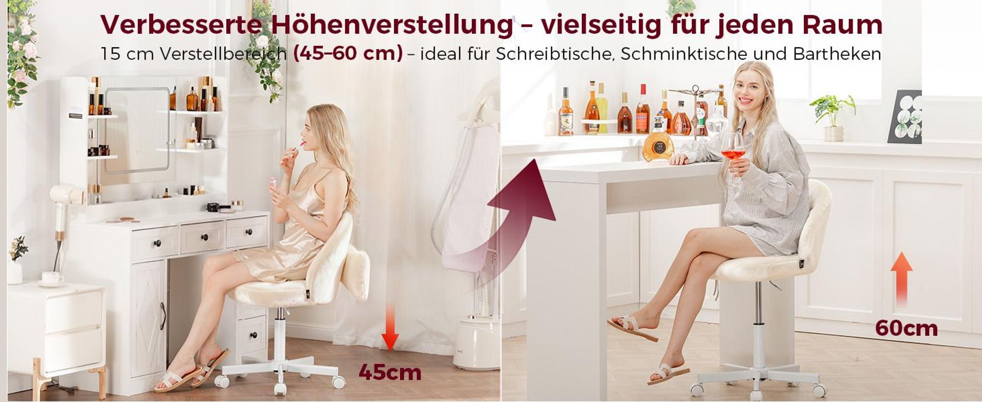 COMHOMA Homeoffice Stuhl, Schminkstuhl, Schreibtischstuhl ohne Armlehnen, Drehstuhl mit Rückenstütze, Bequemer Bürostuhl auf Rollen, Höhenverstellbare