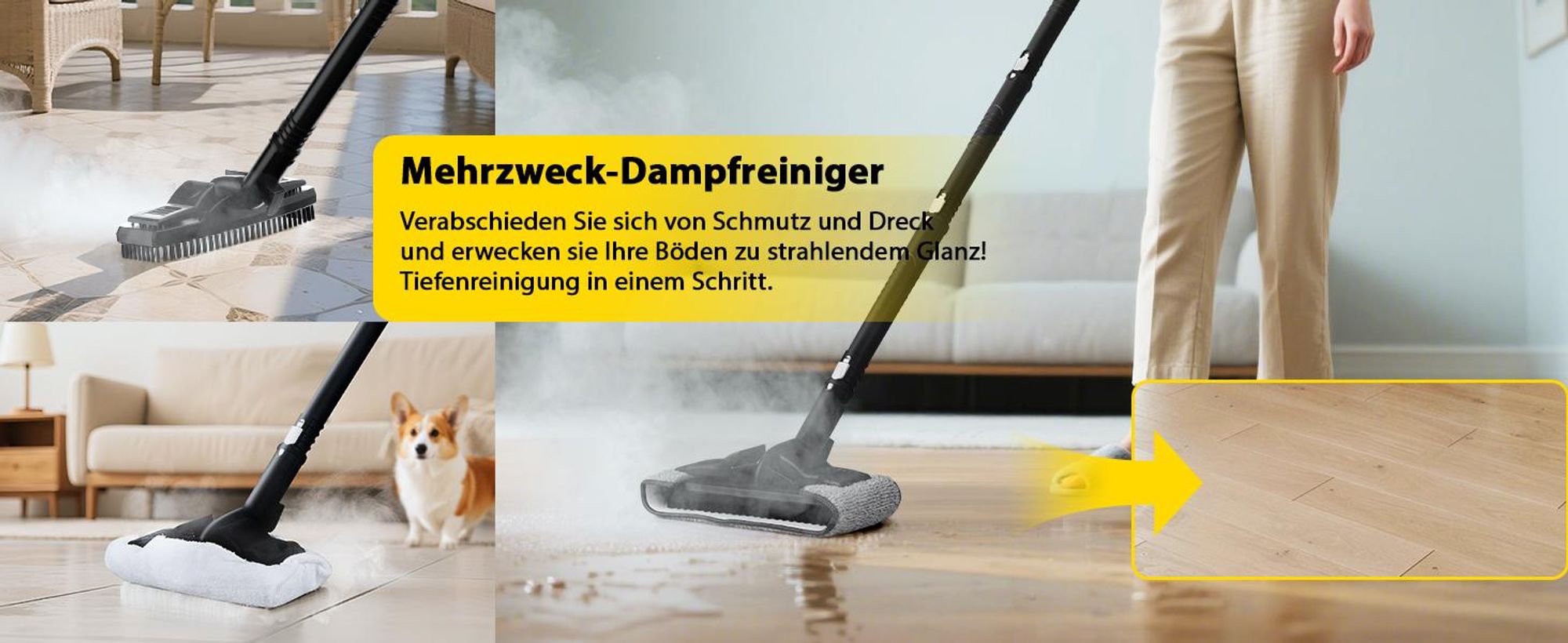 Dampfreiniger 2000W, 5 bar Dampfdruck, 2L Tank, ca. 5-8 Min. Aufheizzeit, bis 160℃, 19 Zubehör, Dampfbesen für Teppiche, Fenster, Glas und Vorhänge
